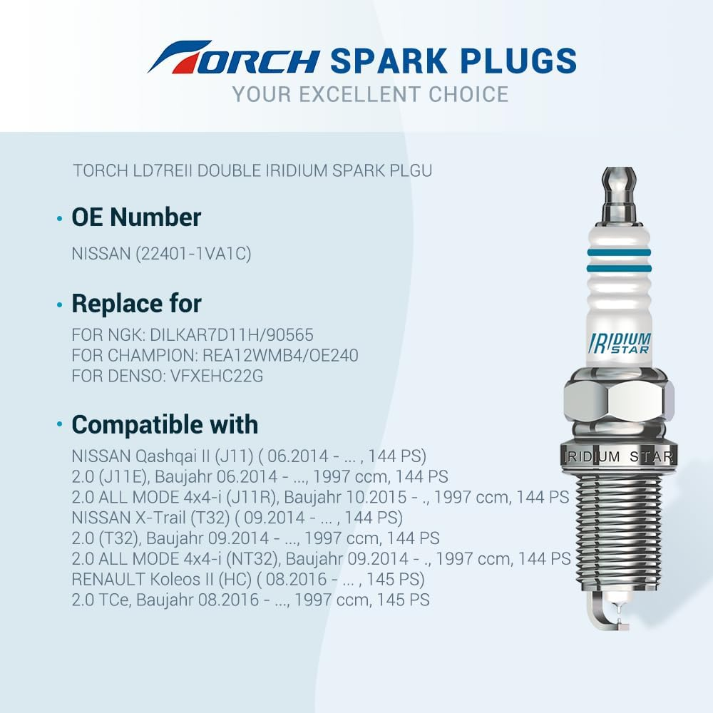 TORCH Spark Plug LD7REII Replace for NGK DILKAR7D11H/90565, for NISSAN 22401-1VA7C, for SUZUKI 11182-51Z01, Oem,Ea