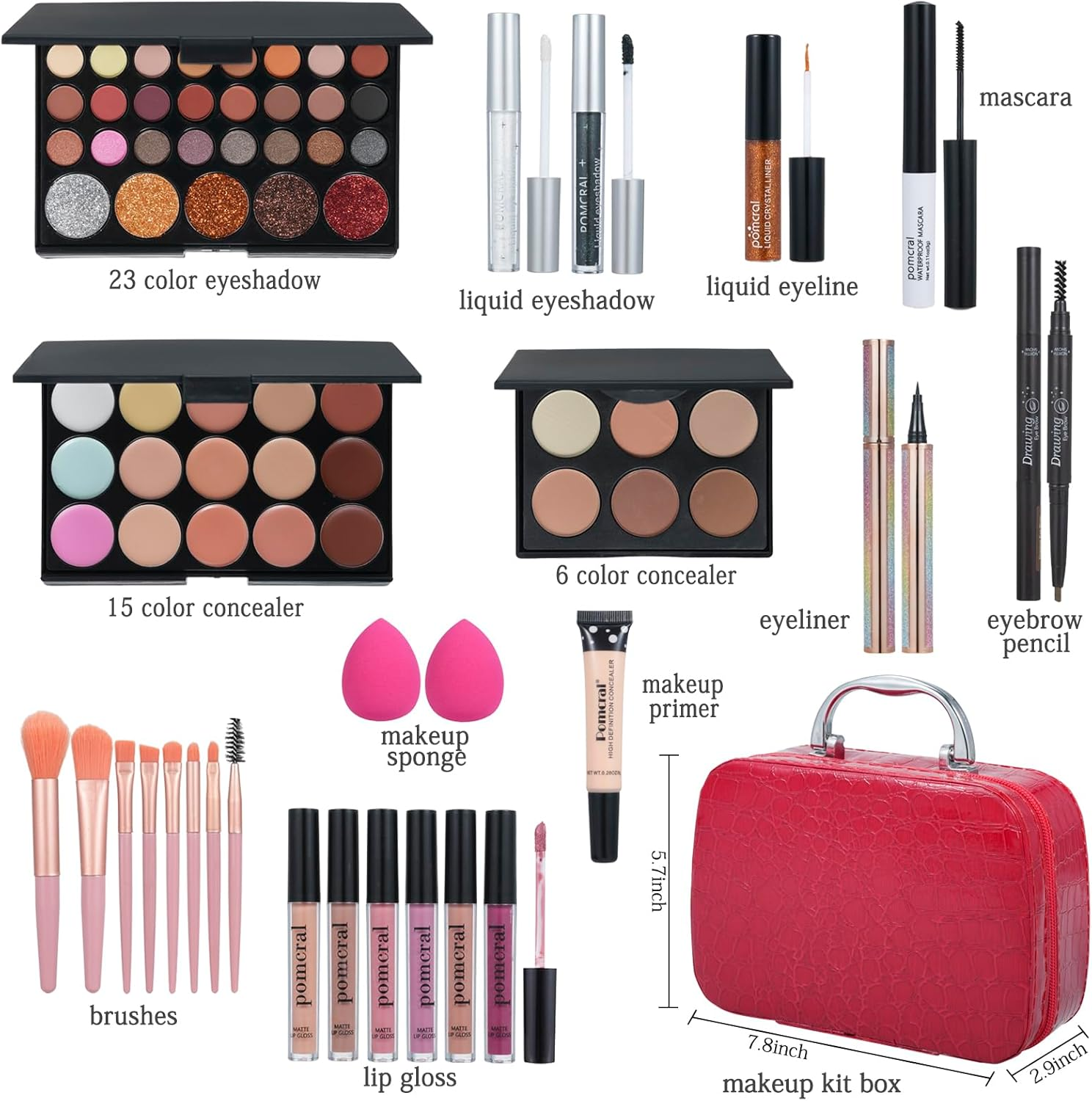 Pomcral Makeup Kit, All-In-One Professional Makeup Set for Women & Teens, Includes Eyeshadow, Eyebrow, Face & Lip Makeup, Brush Tools, Organizer Bag, 30-Piece Kit, Red, Unisex image number 5