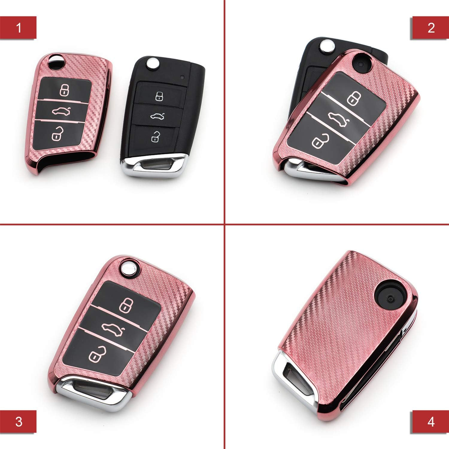 M.Jvisun Soft Carbon Fiber Finish Car Key Fob Cover for Volkswagen Atlas Golf Jetta Polo for Tiguan for Skoda Kodiaq Karoq for Audi A1 for Seat Ateca Leon Flip Key TPU Case with Keychain - Pink