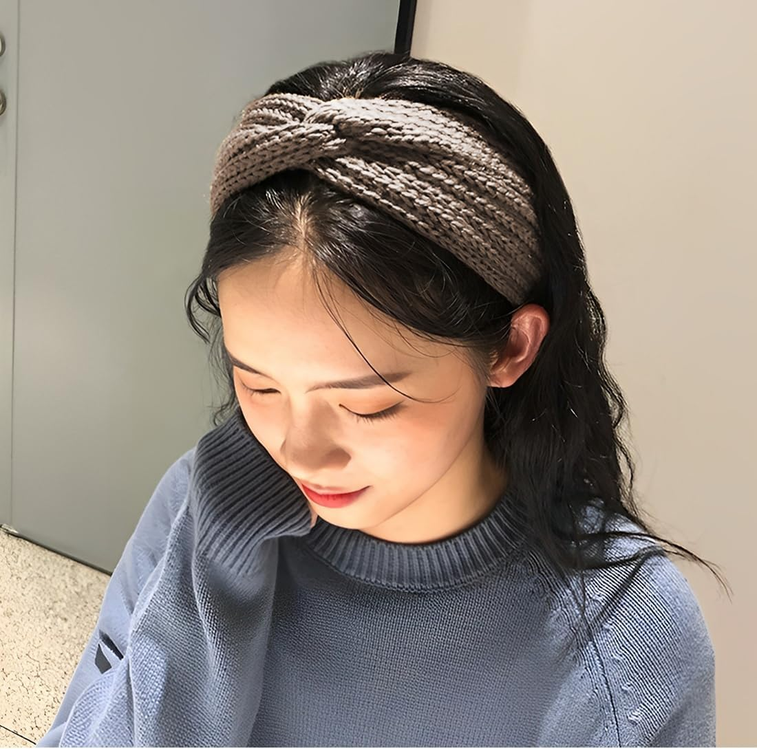 3 Pieces Knitted Headband Winter Women Winter Hair Bands Knitted Hair Bands Winter Crochet Head Wrap Khaki Pink Denim Blue image number 4