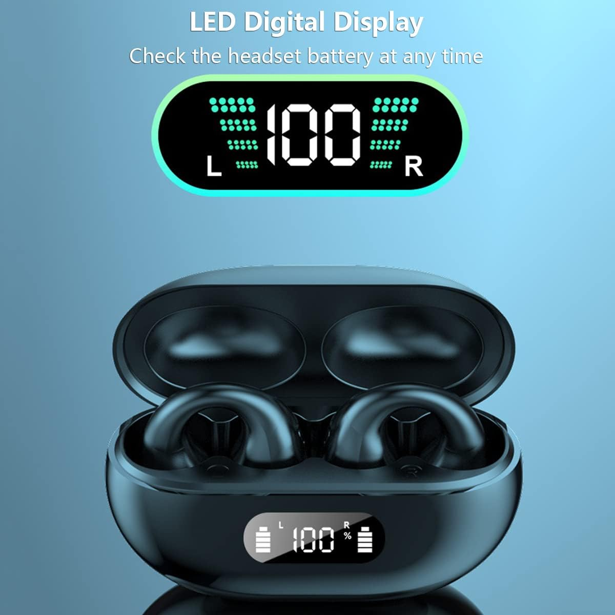 Wireless Ear Clip Bone Conduction Earbuds Open Ear Headphones Bluetooth 5.3, Mini Clip on Sport Earphone Painless Wireless Bluetooth Headset for Running Driving Workout, LED Battery Display Black image number 5