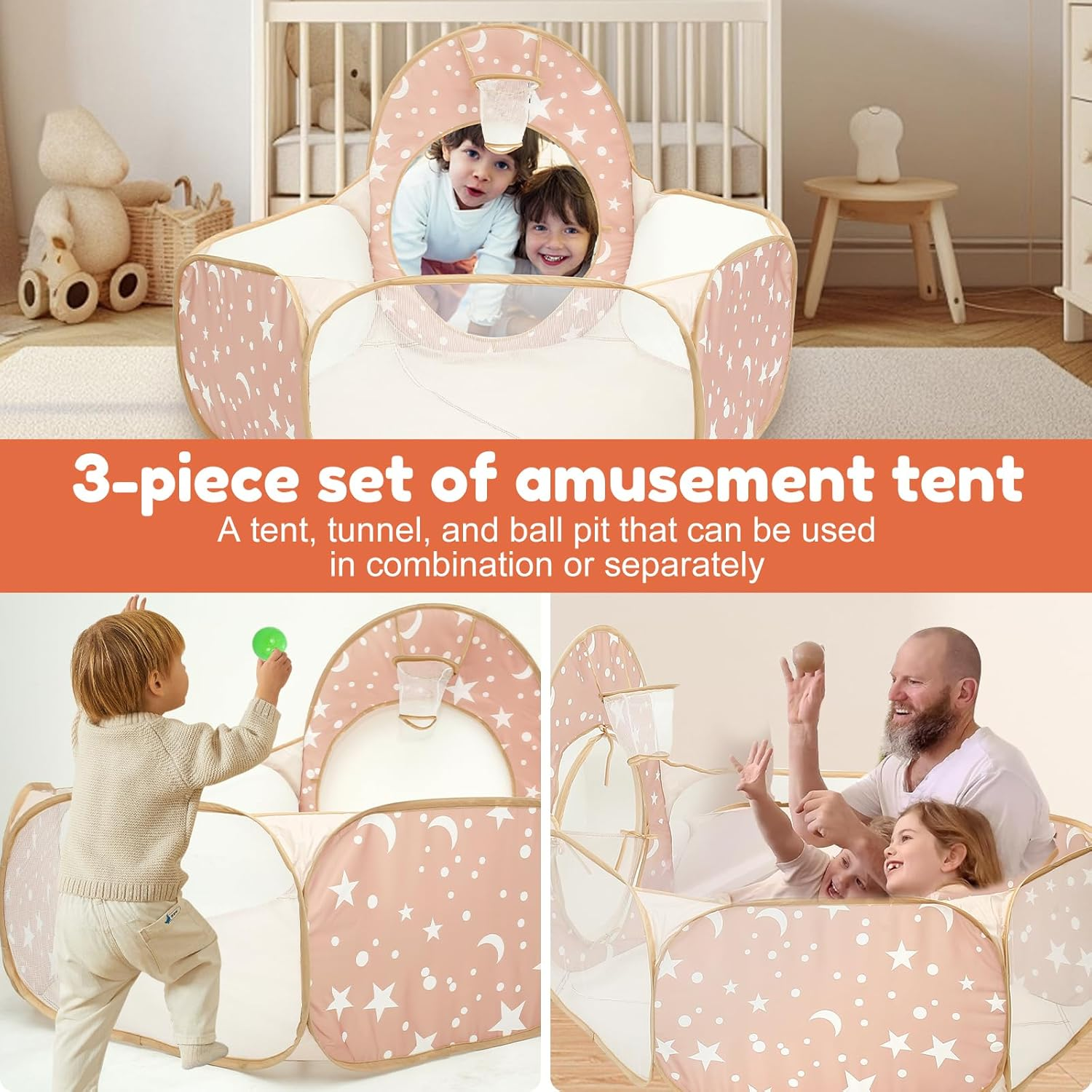 3Pcs Kids Play Tent with Tunnel for Baby Toddlers Comfortable Kids Play Tent with Ball Pit Multipurpose Pop up Play Tent for Kindergarten Picnic Party