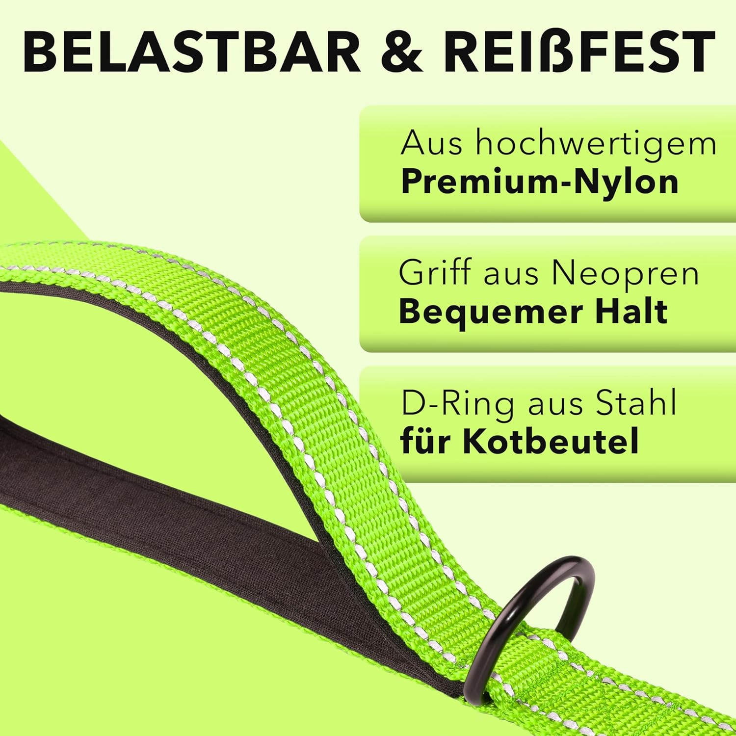 AVANA Reflective Dog Lead with Integrated Short Lead, 2 Hand-Friendly Padded Hand Loops, 1.5 M Long Reflector Nylon Lead for Large and Medium Dogs, Neon Green - Neon Green image number 6