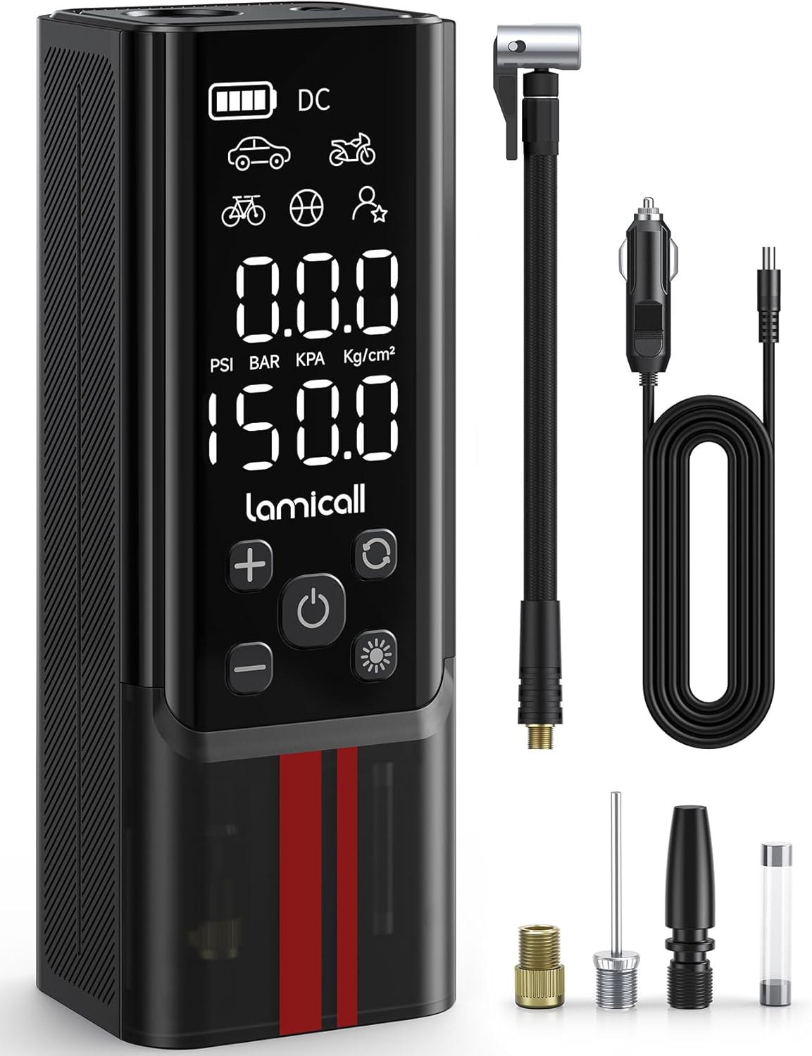 Tire Inflator Portable Air Compressor - Lamicall 150 PSI 5000Mah Cordless Car Air Pump, 1 Min Fast Inflate, Electric Tire Pump with 12V DC, Digital Pressure Gauge, LED Light, for Auto Bike Motorcycle image number 4