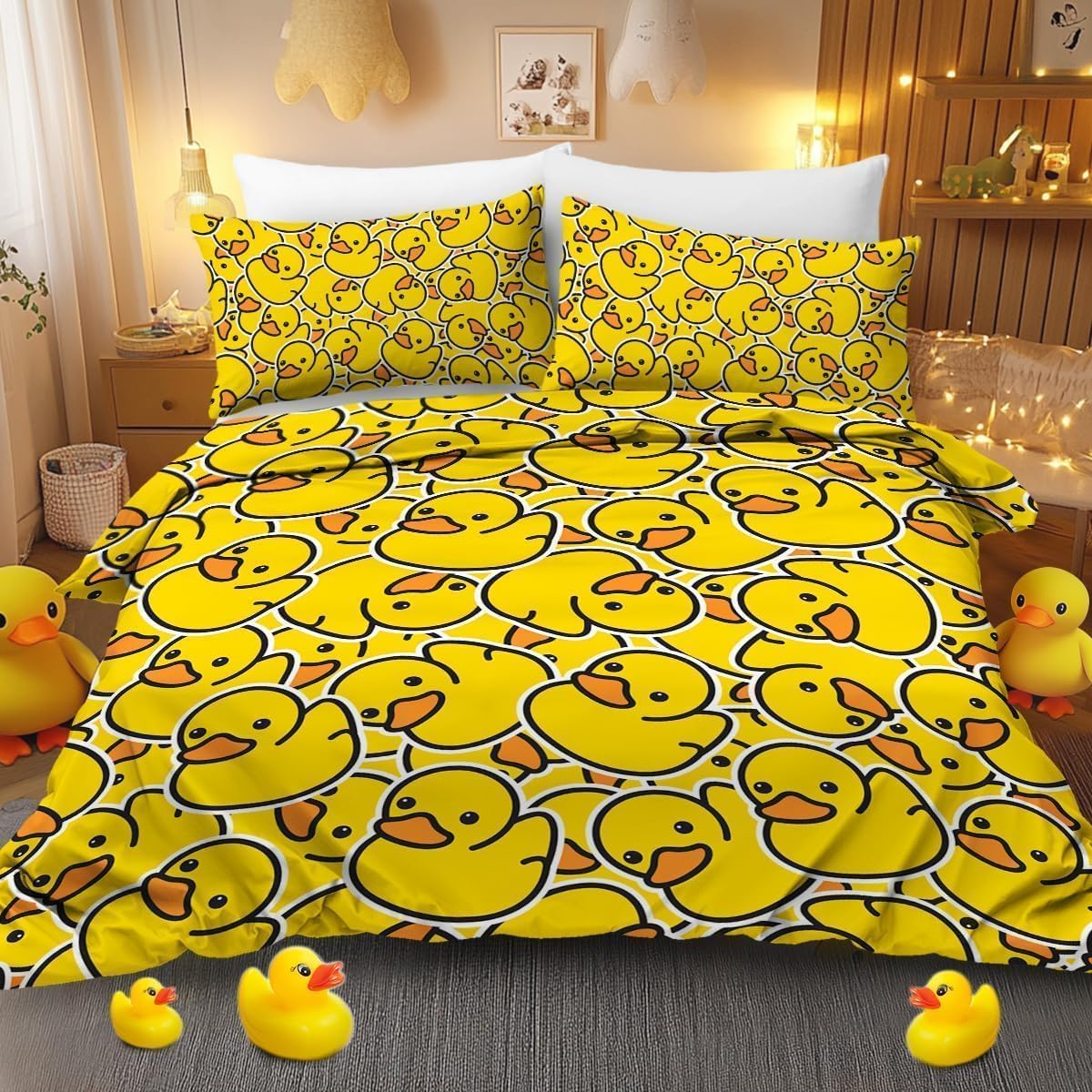 Blessliving Duck Bedding Yellow Rubber Duck Duvet Cover Sets for Kids 3 Pieces Cute Yellow Duckies Comforter Cover Set Cartoon Duck Gifts for Duck Lovers (Single)