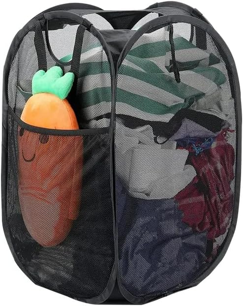 Str-Reinforced Mesh Pop-Up Laundry Hamper-Quality Laundry Basket with Handles Solid Bottom High Carbon Steel Frame, Easy to Open and Fold Flat for Storage, College Dorm or Travel