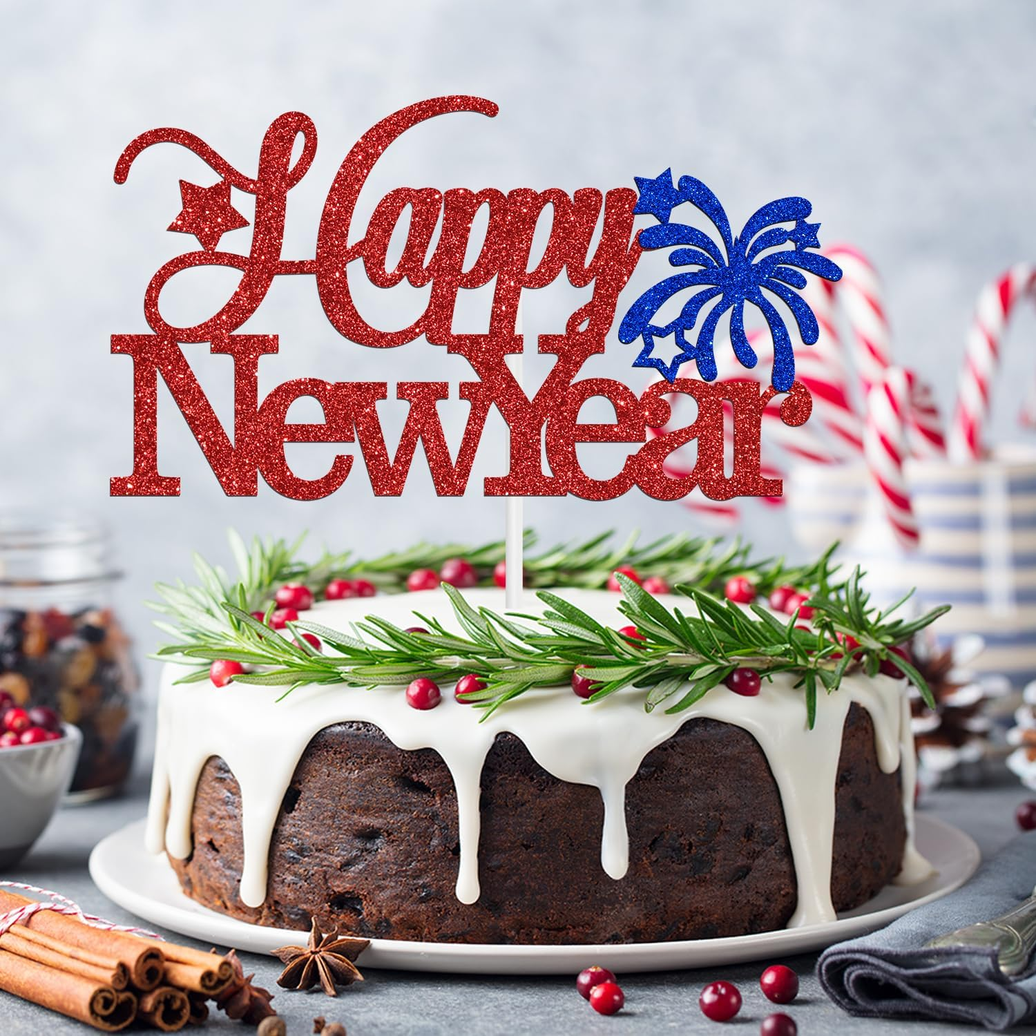 Happy New Year Cake Topper - Winter Xmas Holiday Cake Decor, Merry Christmas Santa Hello 2024 New Year Eve Party Decorations Supplies, Red and Blue Glitter image number 1