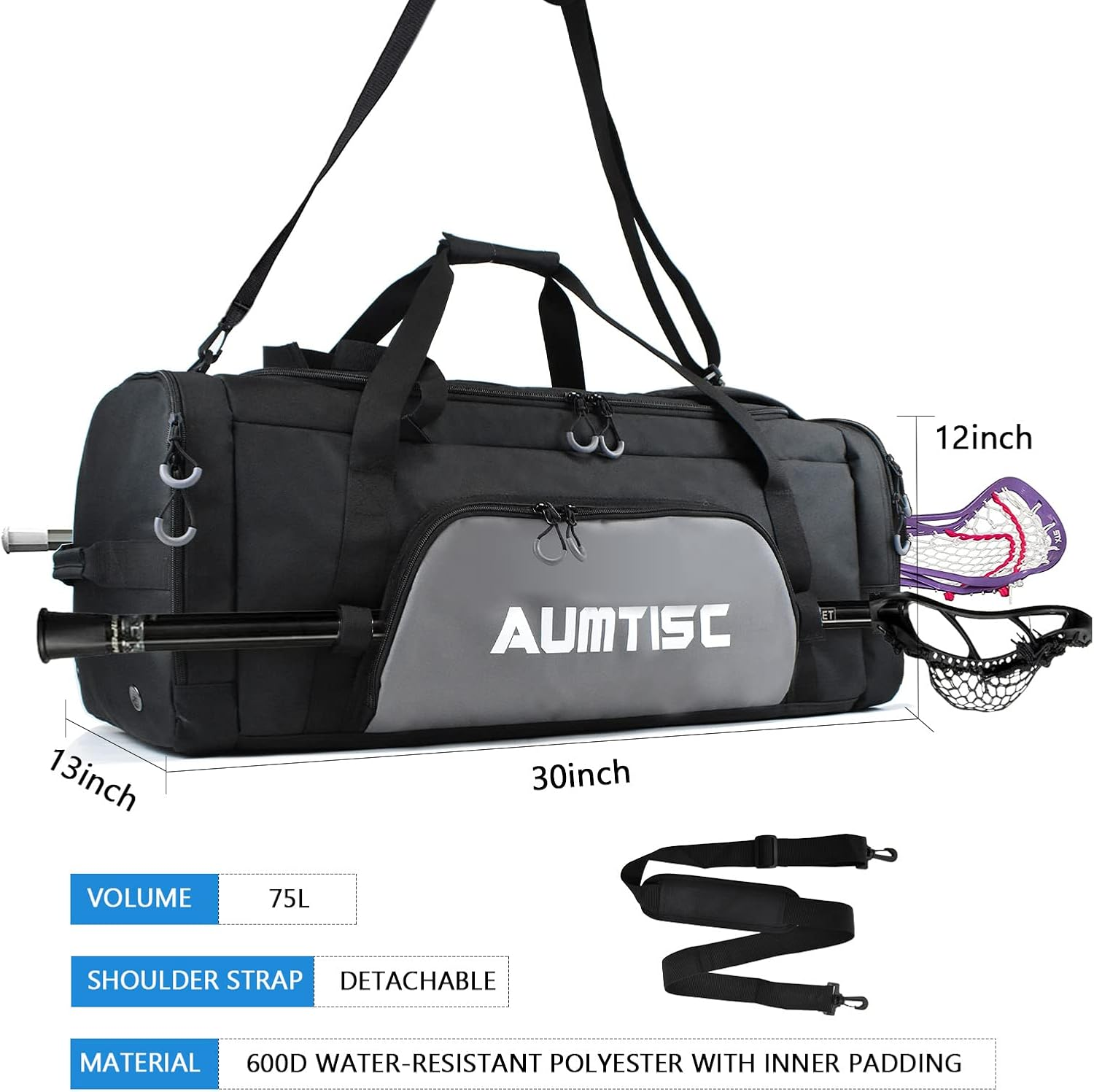 AUMTISC Lacrosse Bag Backpack 65L / 75L, 2 Stick Holders, Separate Cleats Compartment, Adjustable Shoulder Straps, Large Capacity to Holds All Lacrosse Equipment image number 3