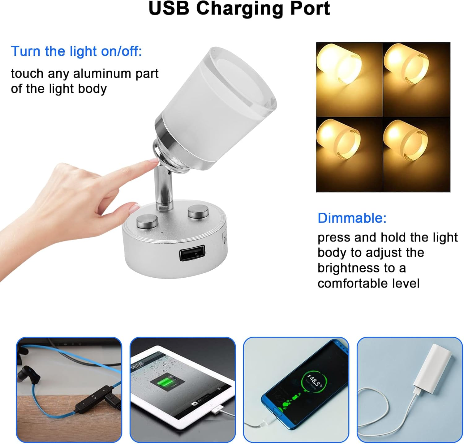 RV Reading Lights LED 12V Fixtures with USB Port Dimmable RV Reading Light for Camper, Van, Boat and Motorhome Adjustable Touch Control Warm White Lights 2Pack (A)