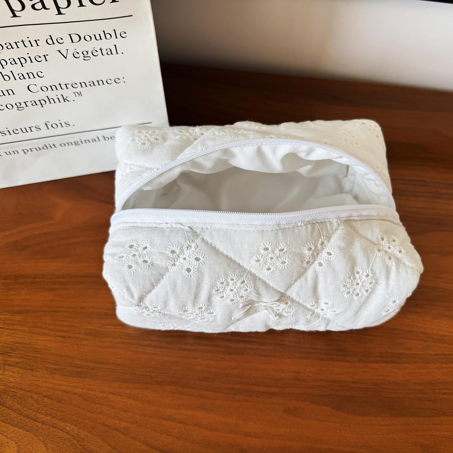 ZUNUONUO Handmade Quilted Cotton Makeup Bag for Women - Cute Cosmetic Pouch, Travel Toiletry & Make up Organizer, Coquette Aesthetic Skincare Bag, Travel Essentials, Embroidery White, Coquette image number 6