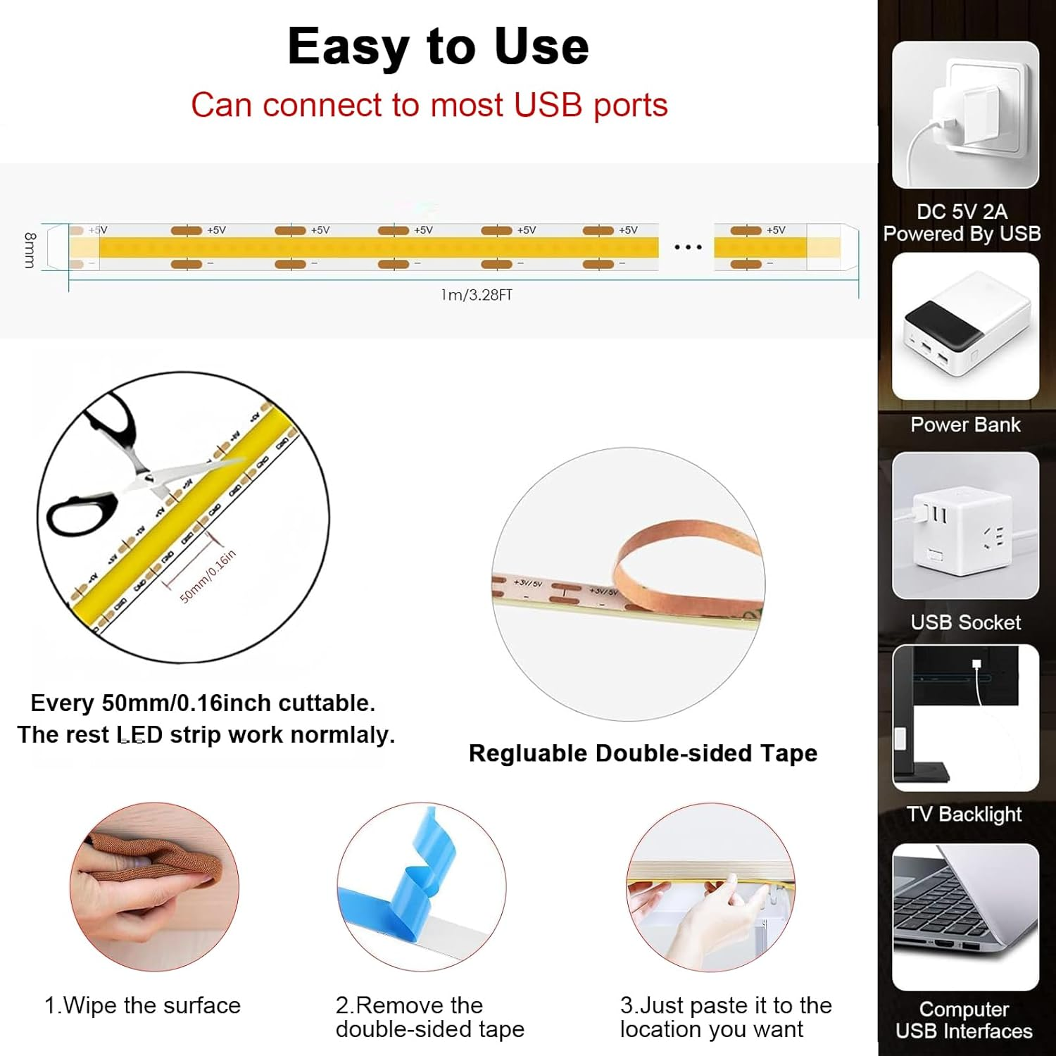 5V USB LED Lighting COB Short LED Strip Light White Flexible under Cabinet Tape Light for Bedroom,Kitchen,Home DIY Lighting image number 5