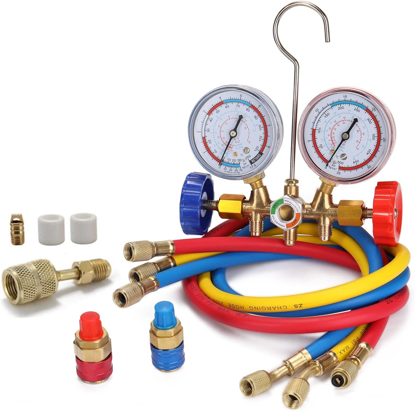 3 Way Refrigerant Gauge AC Diagnostic Manifold Freon Gauge Set Refrigerants with Couplers and Acme Adapter