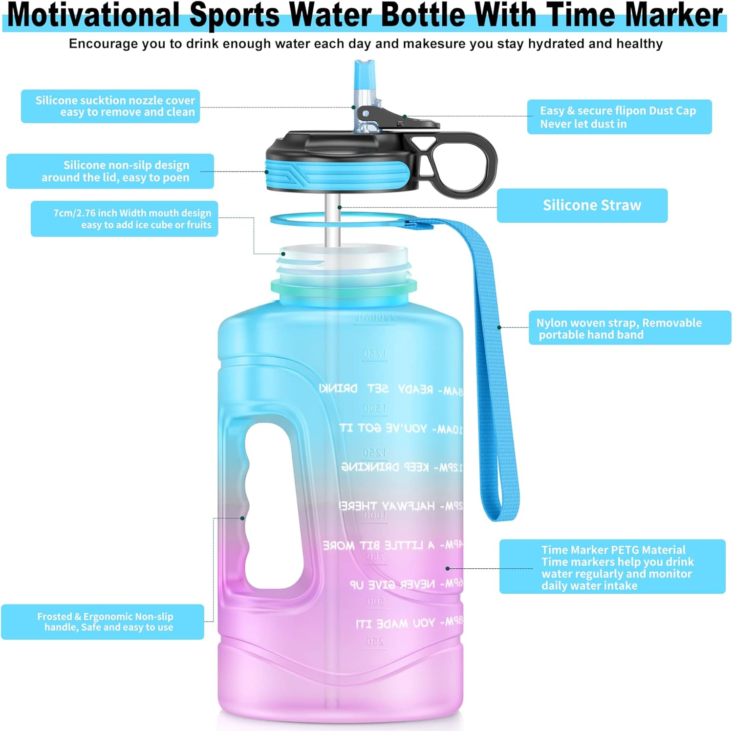 AF-WAN Motivational Water Bottle with Time Markings & Straw, 2.2 Litre Half Gallon Large Sports Water Jug with Handle, BPA Free Leakproof Water Bottles for Fitness, Gym and Outdoor Sports (Blue) image number 5