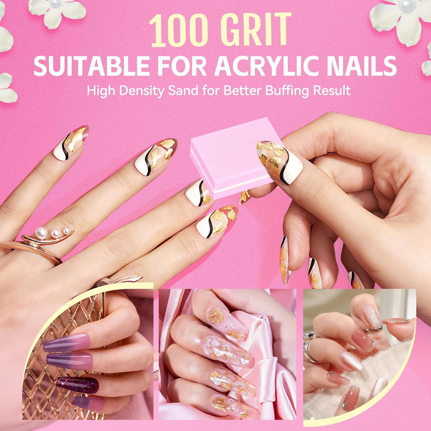 IKEEP Mini Nail Buffer Blocks, 100/180 Grit Sponge Buffing Sanding Block File for Natural Gel Acrylic Nails Manicure Tools Set 50 Pcs, Pink image number 4