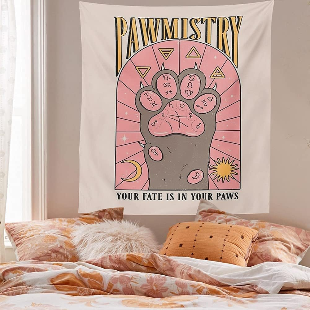 Kawaii Tapestry Kawaii Wall Decor Pink Cat Paw Tapestry Kawaii Room Decor Pink Colorful Tarot Wall Tapestry for for Bedroom Dorm Home Living Room Wall Decor (39Inches(L)*59Inches(W))