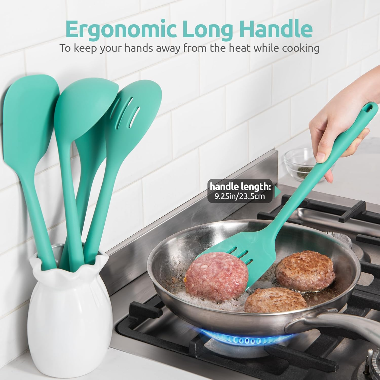 Long Silicone Cooking Utensil Set - U-Taste 315℃ Heat Resistant Kitchen Accessories, Bpa-Free Non-Scratch Solid & Slotted Turner and Spoon, Soup Ladle for Non-Stick Cookware (5 PCS, Aqua Sky) - Black image number 7