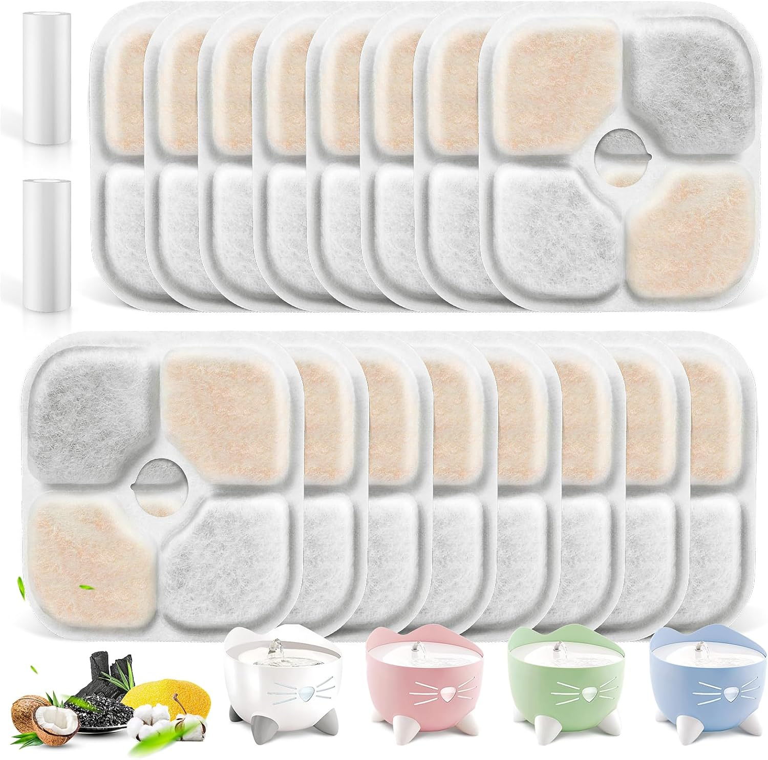 Pack of 16 Cat Fountain Filters for Catit Pixi Drinking Fountain with 2 Hoses, Triple Filter System Replacement Filter with Resin and Activated Carbon image number 4