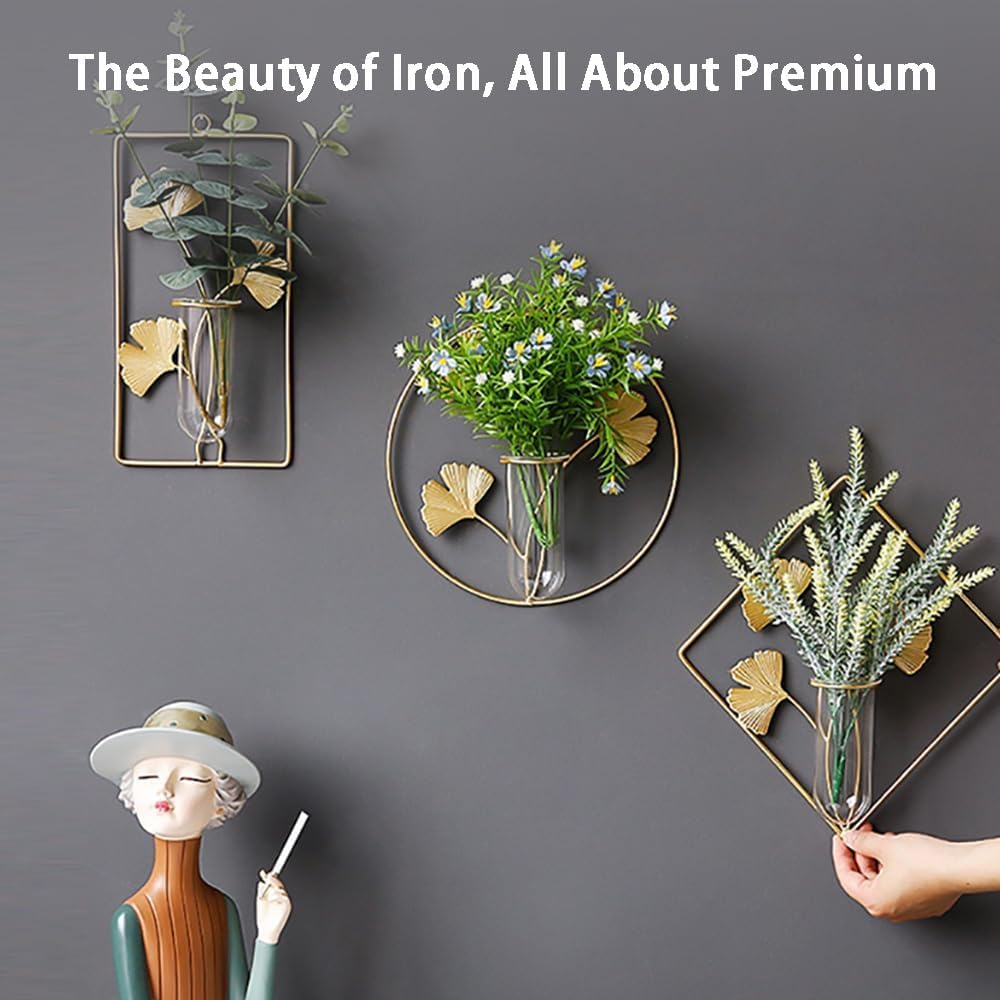 Hydroponic Vase Wall Mount Planter Metal round Wall Decor Air Plant Terrarium Air Plants Wall Mounted Flower Vase Desktop Glass Planter Desk Topper Leaves Dried Flowers Iron image number 5