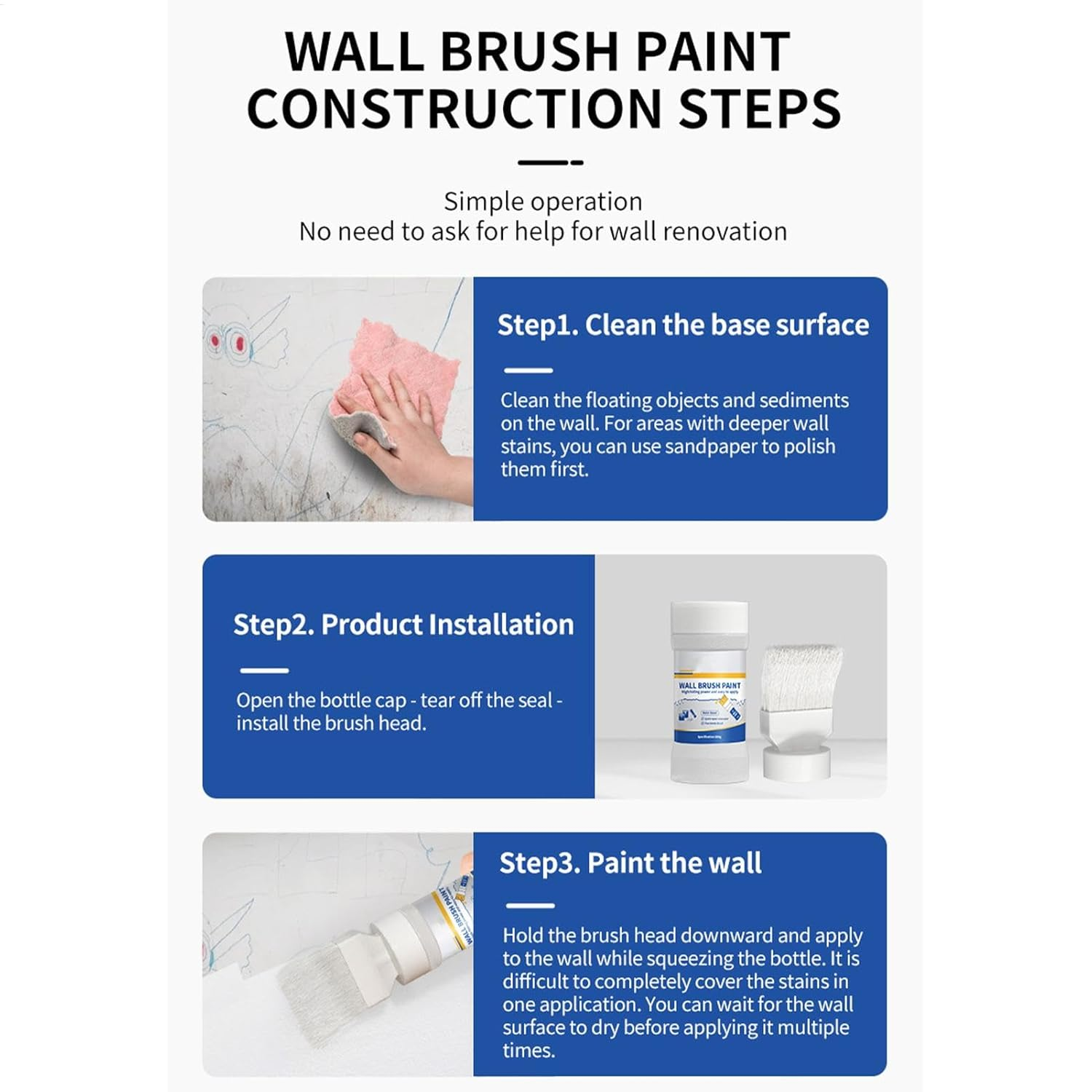Wall Paint, 180G Wall Repair Paste for Home, Painting Kit, White Ceiling, Touchup with Brush, 1.89 Inches Stain Removal Paint for Walls, Improvement image number 3