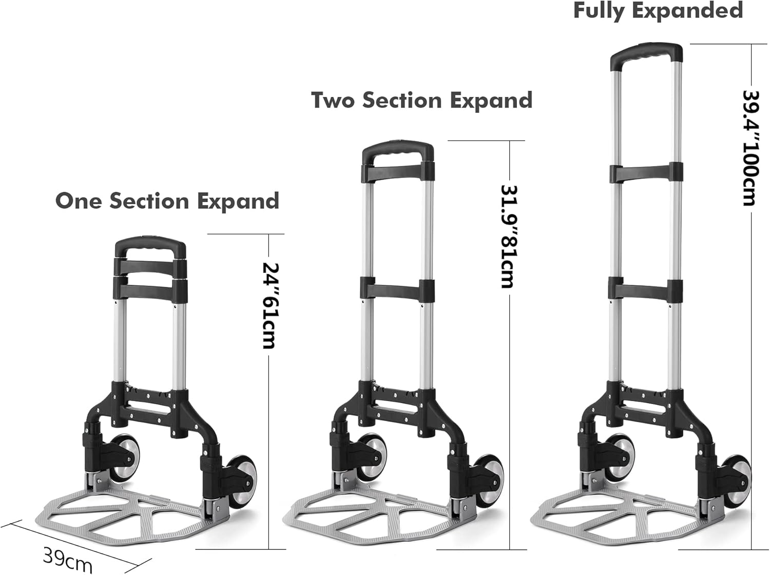 Caflower Aluminium Portable Folding Trolley, 3-Position Folding Pulley Handles, 175 Lbs Load Capacity, PVC Wheels, Home, Office, Travel Use image number 5