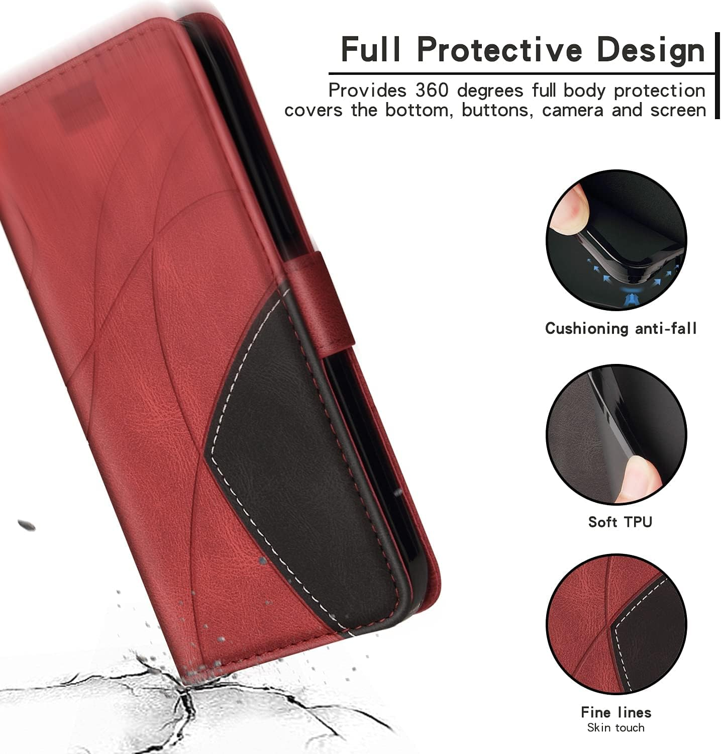 XINNI Protective Phone Case for Xiaomi 14T, PU/TPU Vintage Flip Leather Shockproof Cover Magnetic Book Style Wallet, Red image number 3