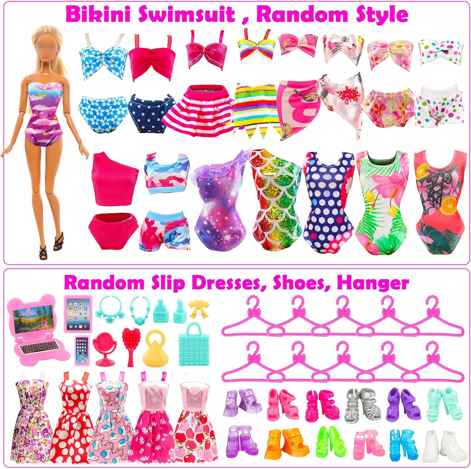 Barwa 57 Accessories Selected Randomly for 11.5 Inch 30 CM Dolls: 5 Fashion Dresses + 2 Clothes + 2 PCS Pants + 3 Wedding Dresses + 3 Swimsuits + 5 Mini Dresses + 37 Accessories image number 3