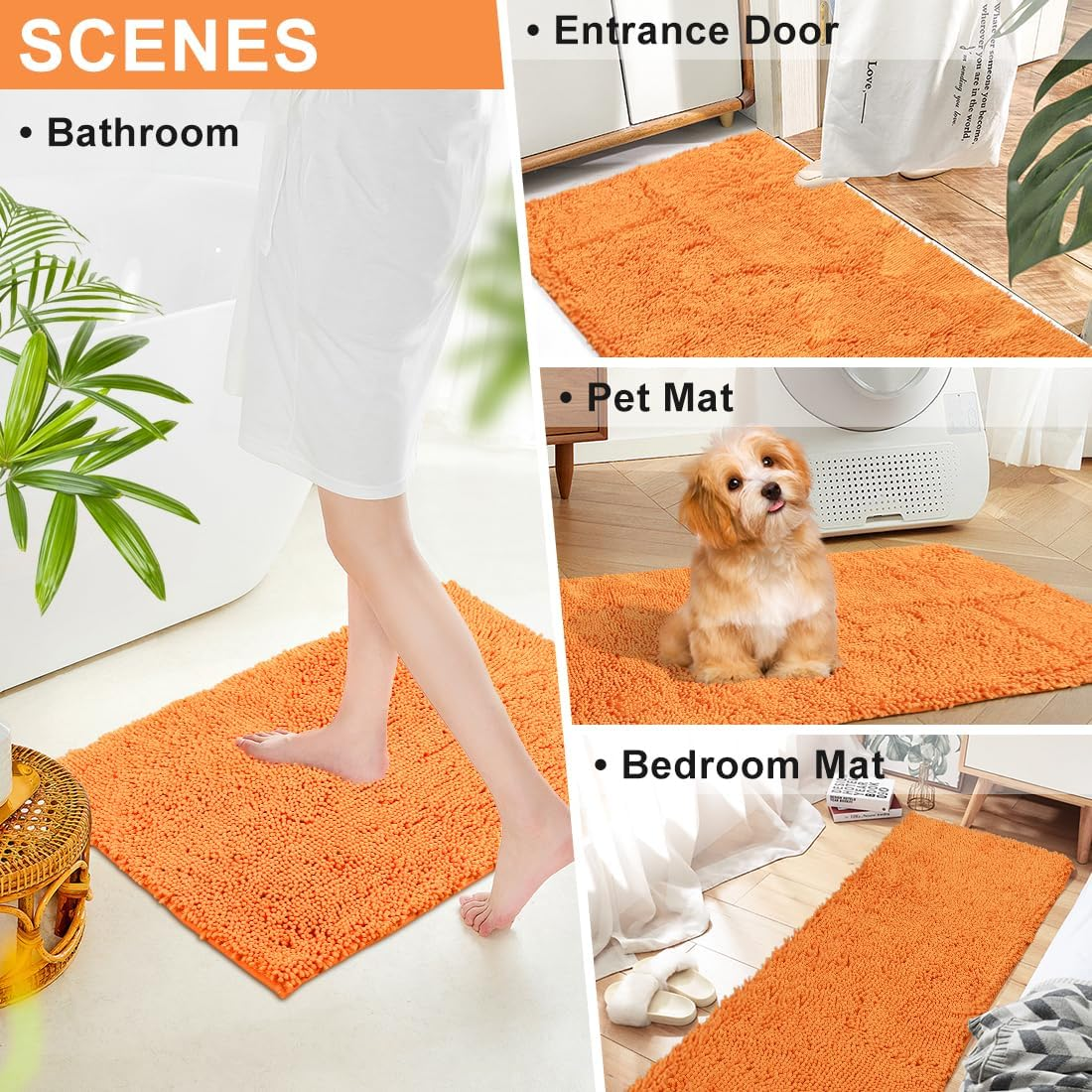 Vctops Orange Fall Plush Chenille Bath Rugs Extra Soft and Absorbent Microfiber Shag Rug, Non-Slip Runner Carpet for Tub Bathroom Shower Mat Orange 24" X 35" image number 7