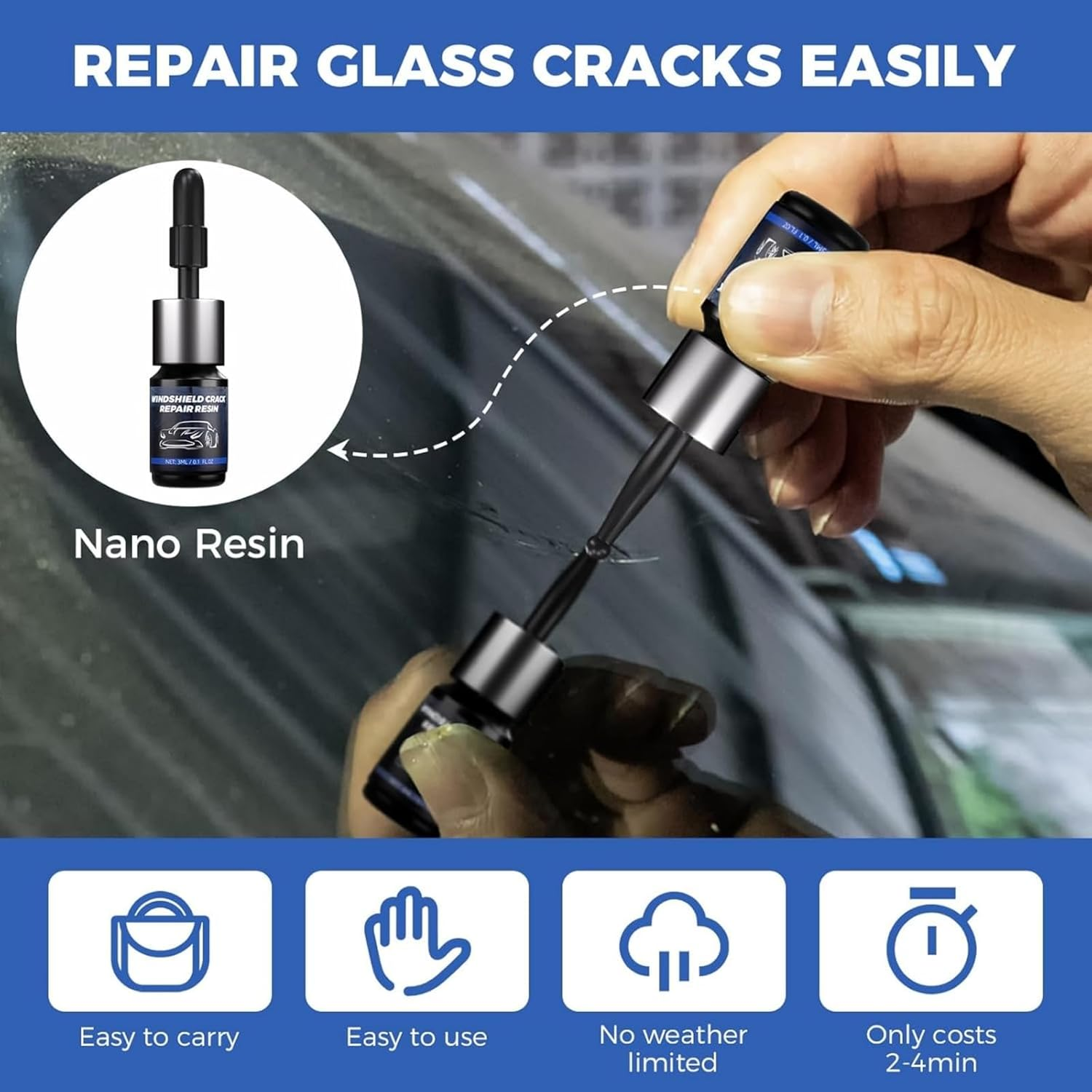 Windshield Repair Kit, Quick and Efficiency Glass Repair Fluid, Car Windshield Crack Repair Resin Kit for Fixing Chips, Bulls-Eye, Cracks and Star-Shape Cack-2 Pack image number 4