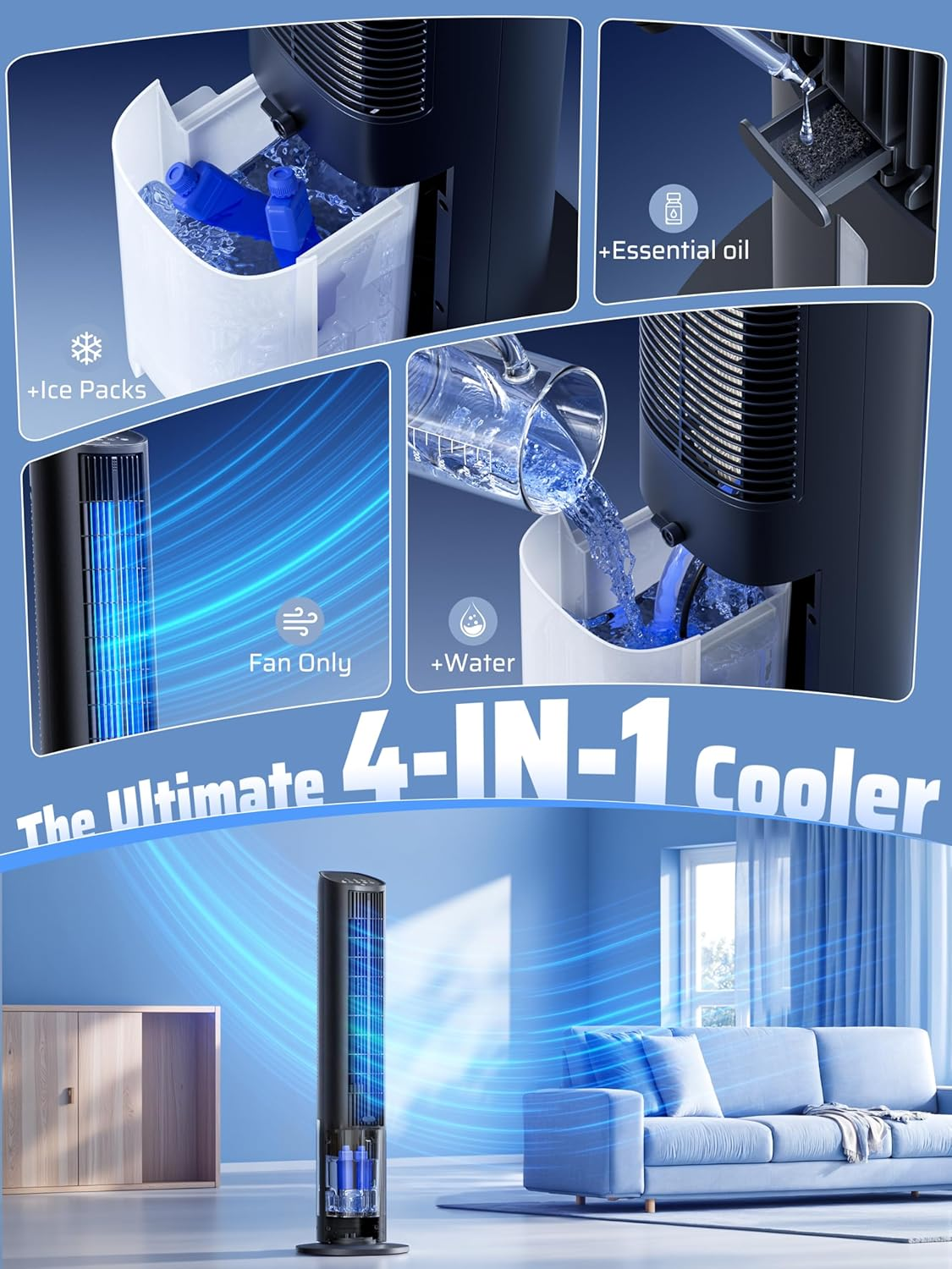 Bladeless Tower Fan Cooling - Portable Air Conditioner with Remote, 3L Water Tank, 3 Speeds, 4 Modes, 12H Timer, 80&deg; Oscillating Tower Fans Air Purification Cooler for Home, Bedroom, Baby Rooms, Black image number 2