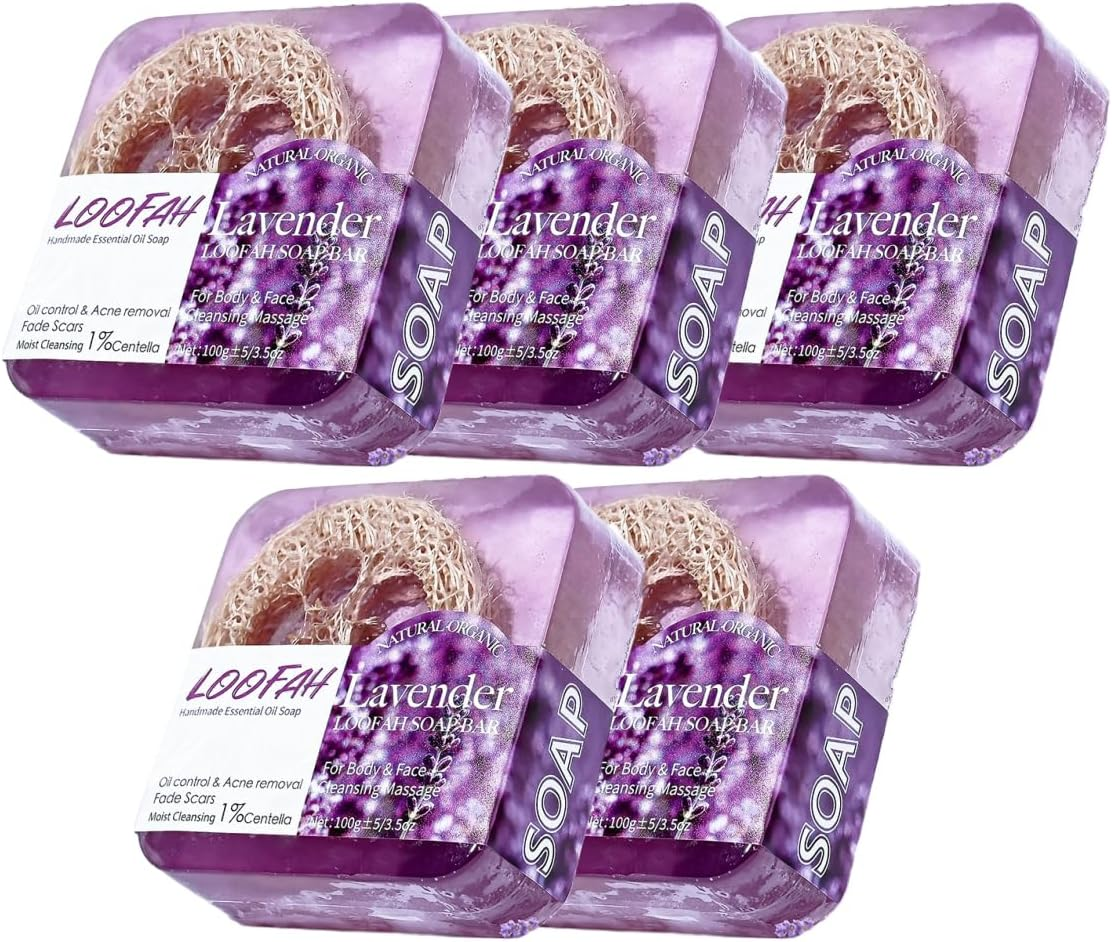 AIMALL 5PCS Loofah Soap Bars with Lavender Essential Oil &ndash; Exfoliating Handmade Glycerin Face & Body Cleansing Bars for Acne, Oil Control & Smooth Skin, 6.5X6.5X2Cm Each