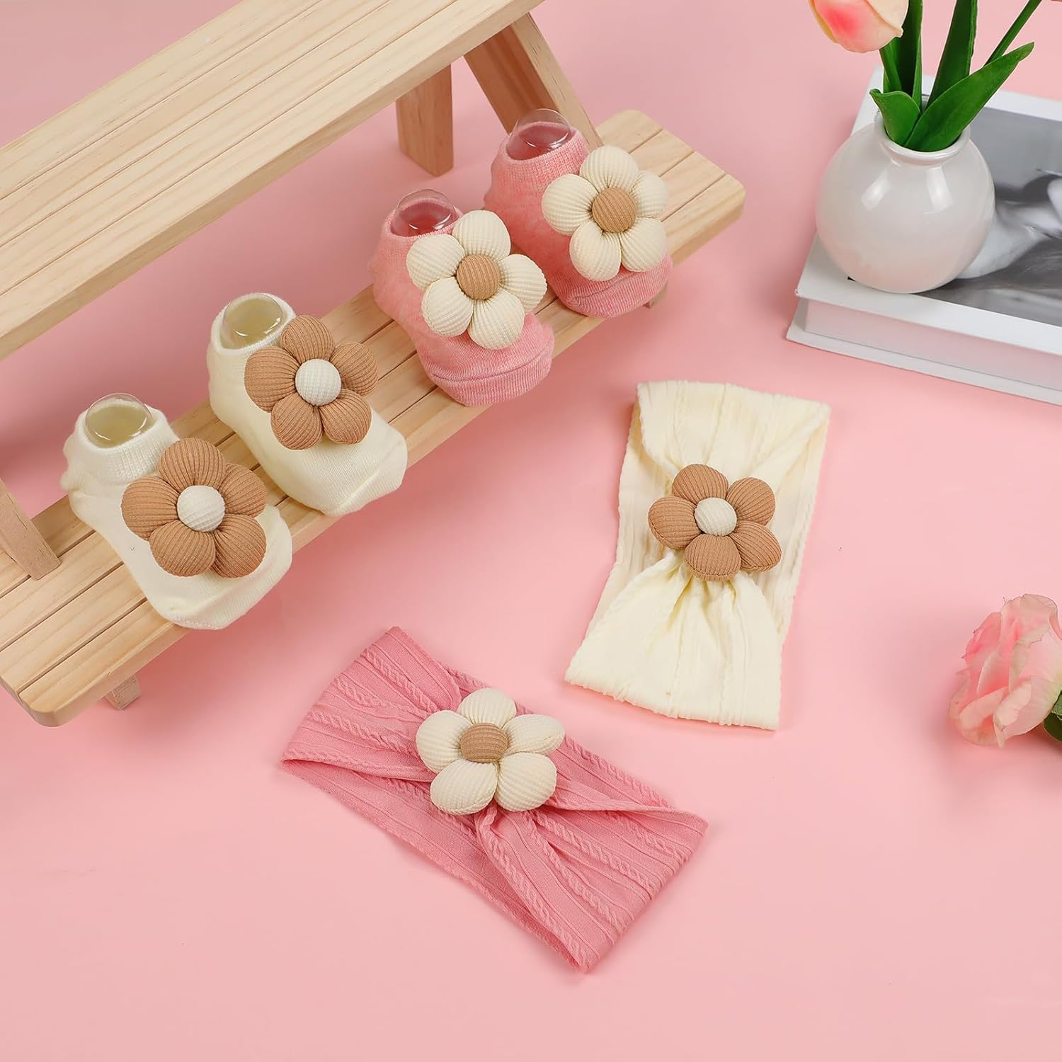 Baby Girl Headbands and Socks,Non-Slip Grips Socks Flower Soft Hairbands Hair Accessories for Infant Toddler Kids (US, Age, 6 Months, 12 Months, Pink Beige) image number 4