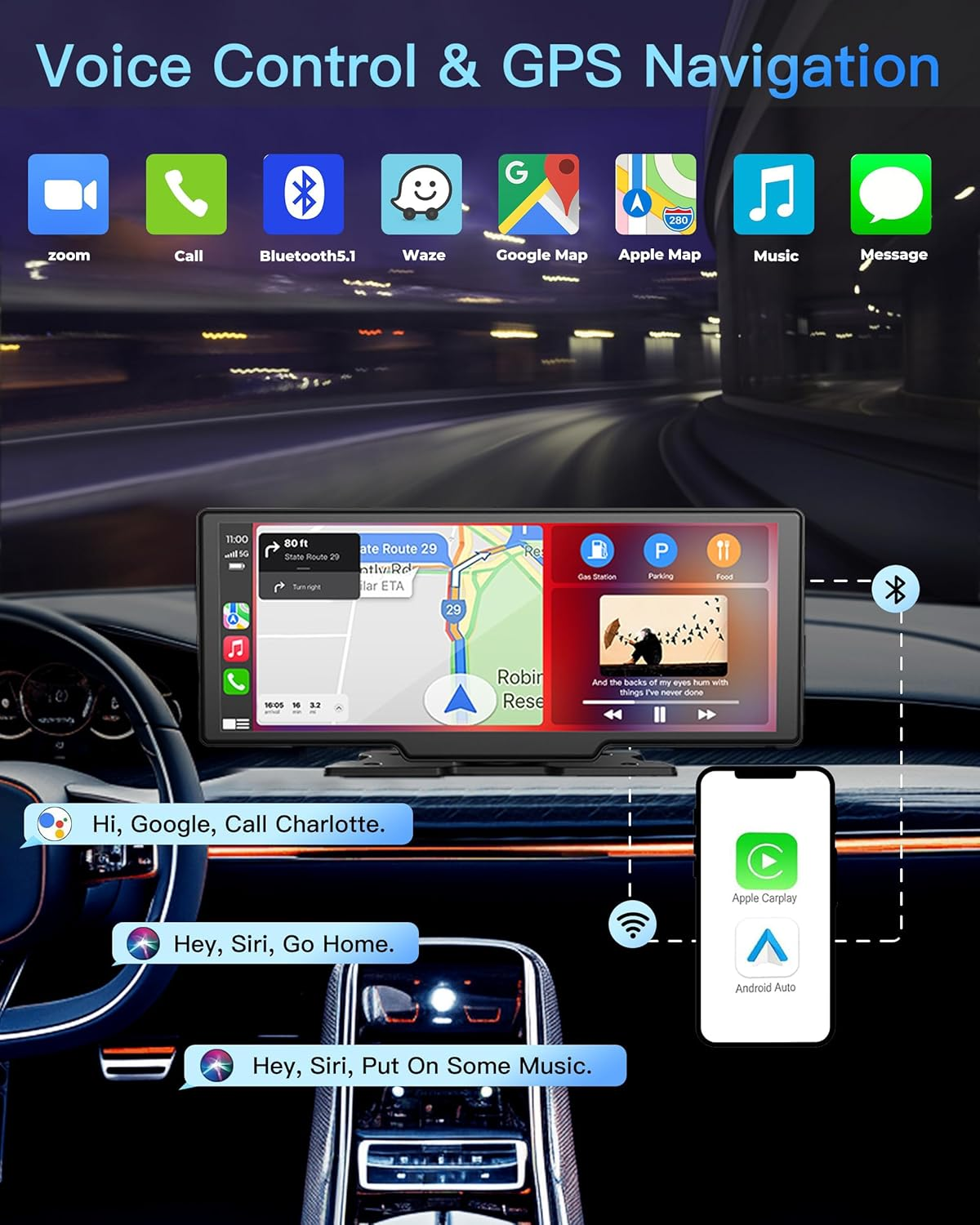 10.26 Inch Portable Wireless Touch Screen Apple Carplay, Android Auto, Mirror Link with 4K Dash Cam, 1080P Camera, GPS Navigation, Bluetooth, Siri/Google Navigation Car Screen for All Vehicles image number 4