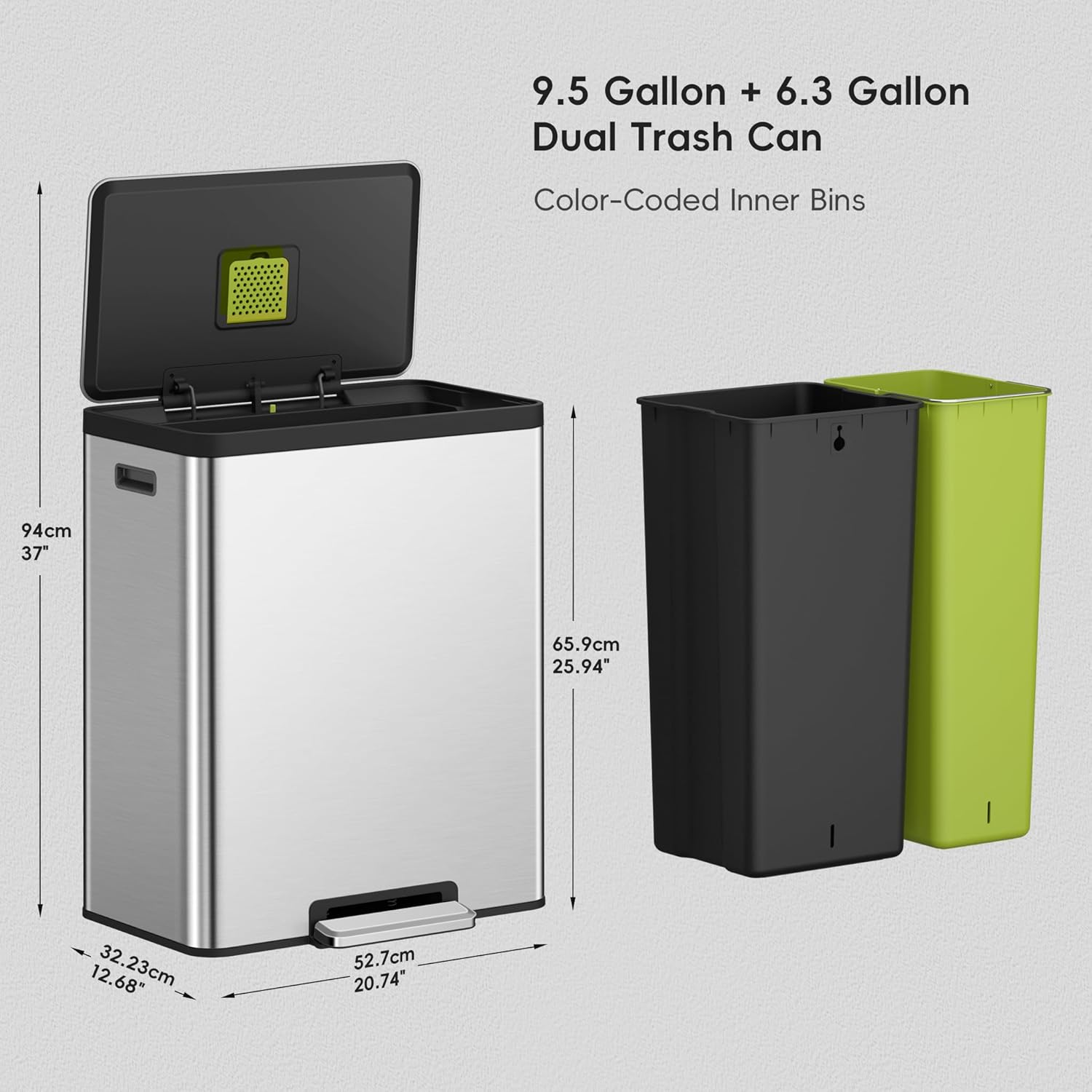 EKO Ecocasa II 36L+24L Dual Trash Bin with Recycle Bin, Stainless Steel Garbage Bin with Lid, Deodorizer Compartment, Odor-Proof and Fingerprint Resistant image number 6