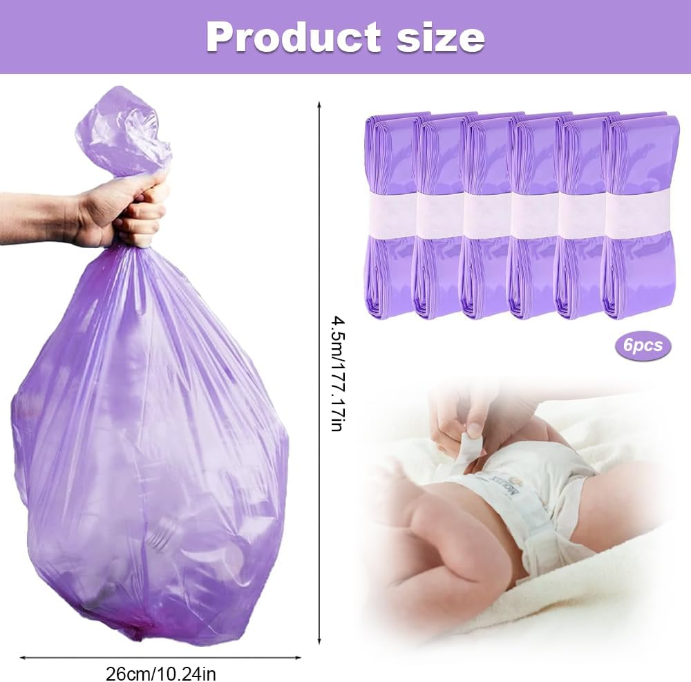 Nappy Bin Refills, 6PCS Diaper Pail Refill Bags Set, Diaper Bin Pail Disposal Bags 4.5M Long Compatible with Angelcare and Spross Diaper, Twist & Click and All Others(Purple) image number 5