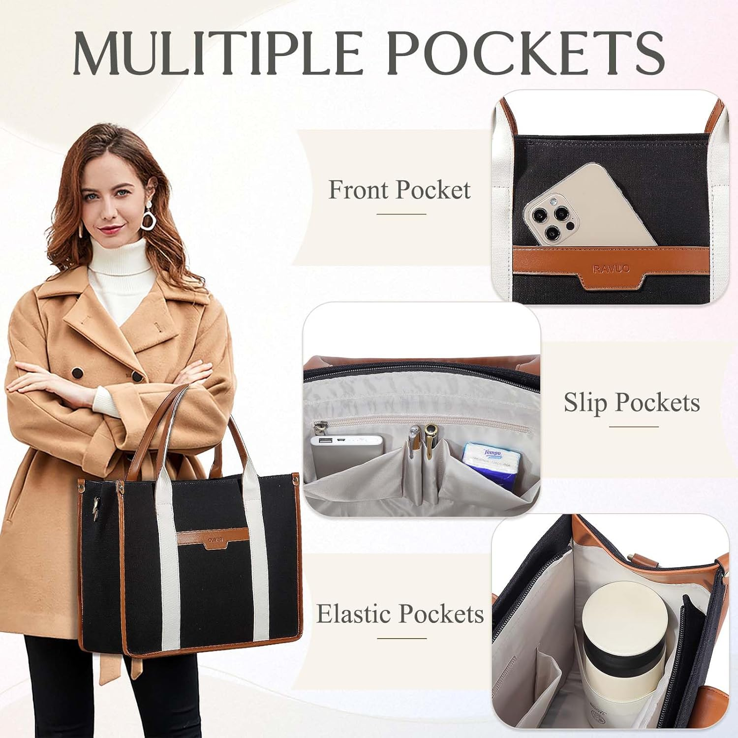 Laptop Tote Women,Ravuo 15.6Inch Ladies Canvas Computer Teacher Handbag Business Briefcase for Colleage W Detachable Shoulder Strap