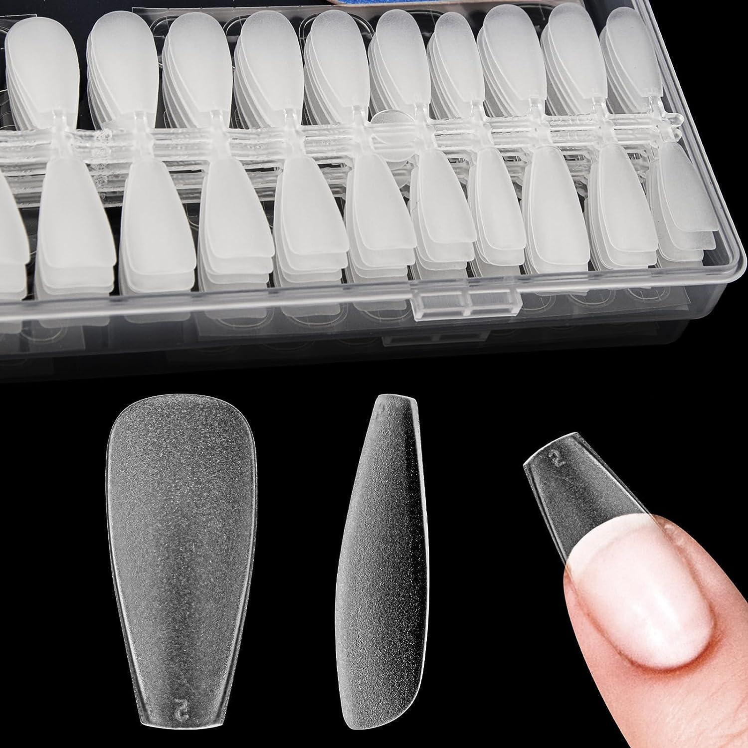 Tonjin 240 PCS Short Almond Matte Frosted Soft Gel Full Cover Nail Tips, 15 Sizes, No Trace, Easy to Apply, DIY Home Salon