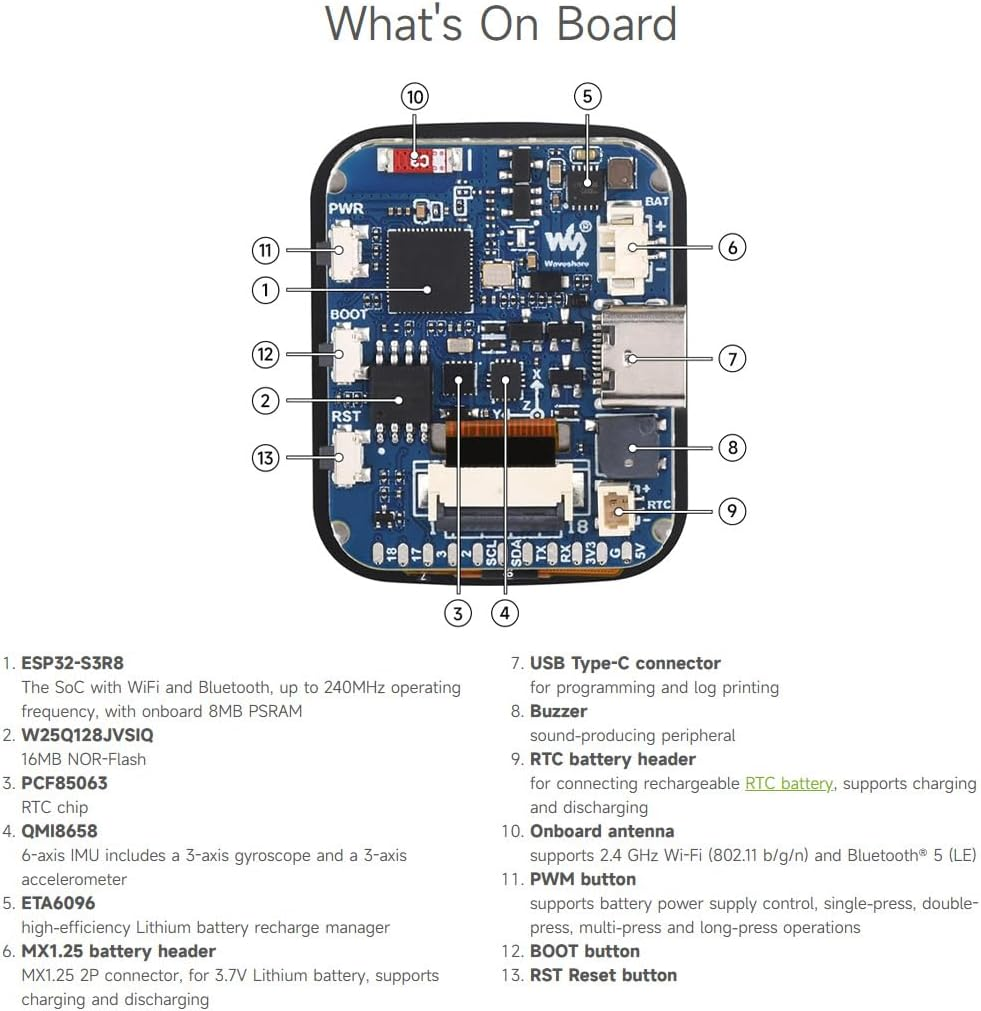 Waveshare ESP32-S3 1.69Inch 262K Color Touch LCD Development Board, 240&times;280 Resolution,Compact Size, Accelerometer and Gyroscope Sensor image number 2