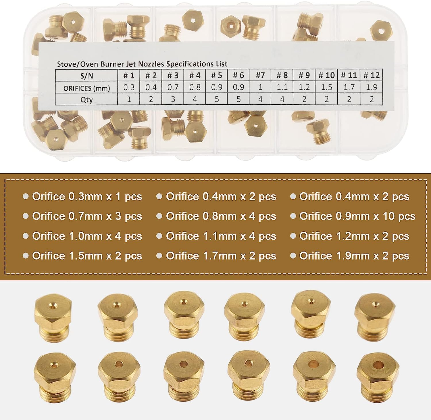 Mtsooning Range Stove Oven Orifice Conversion Kit, Propane Lp Natural Gas Brass Jet Burner Nozzle Replacement Parts M6X0.75 Mm Gas Spray Tip 0.3/0.4/0/7/0.8/0.9/1.0/1.1/1.2/1.5/1.7/1.9Mm, 36PCS image number 3