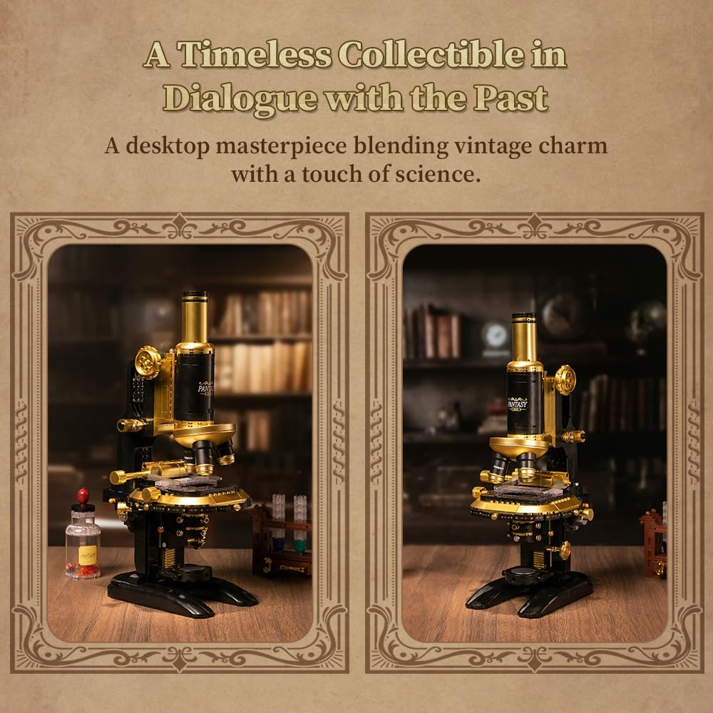 PANTASY Retro Microscope Building Kit for Adults, Antique Science Instrument Model with Mechanical Design, Brass Finish & Lab Accessories, Collectible Display Brick Set image number 6