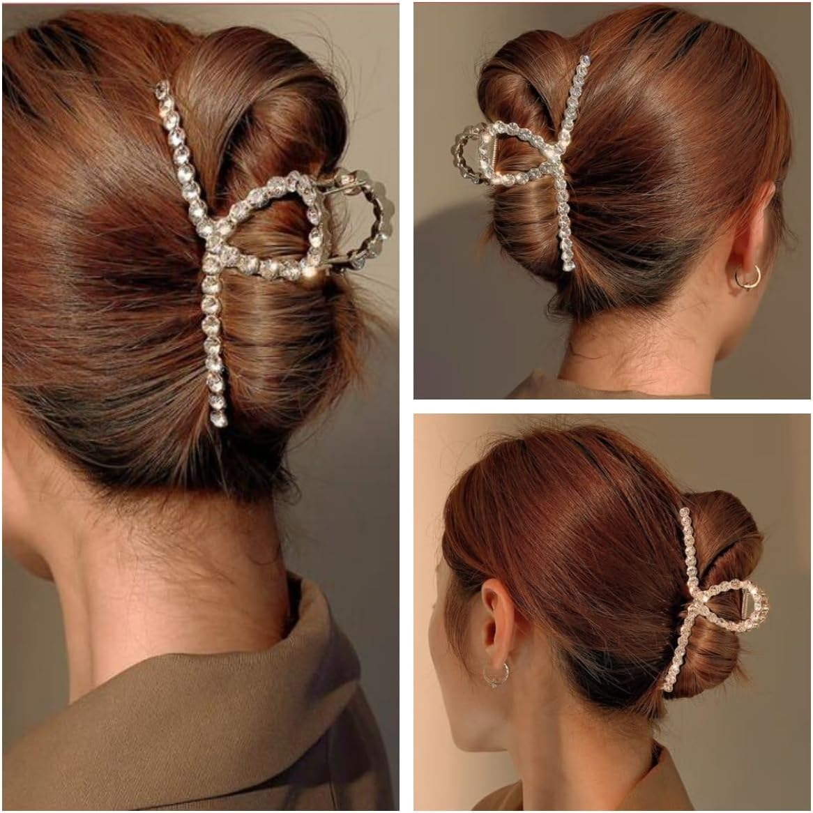 Rhinestone Hair Claw Clips, 4.4 Inch Vintage Metal Imitation Pearl Hair Jaw Clip for Women, Large Non Slip Hair Clamp Fashion Wedding Party Hair Accessories Elegant Hair Decorations for Hair Styling - Brown,Green,Grey image number 4