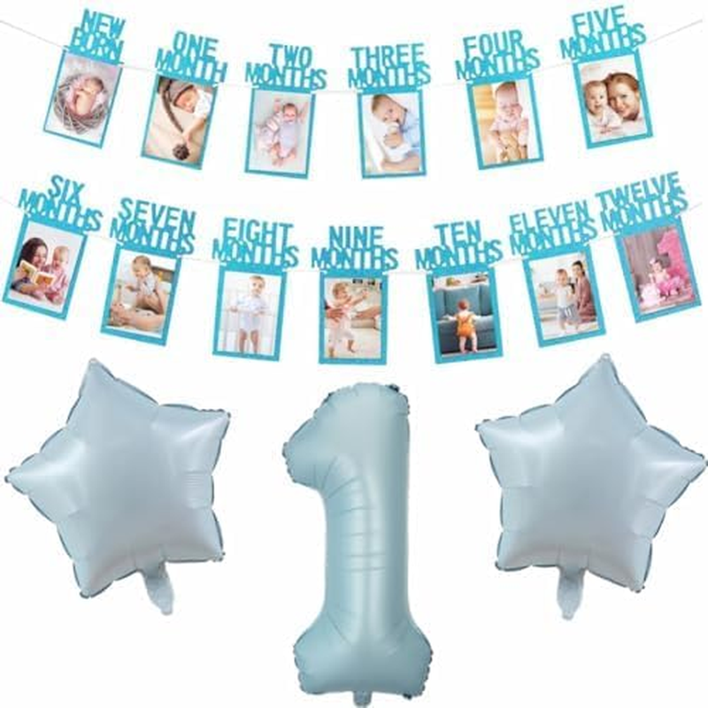 1St Birthday Baby Photo Banner for Newborn to 12 Months, Monthly Milestone Photograph Bunting Garland, First Birthday Celebration Decoration (Blue)
