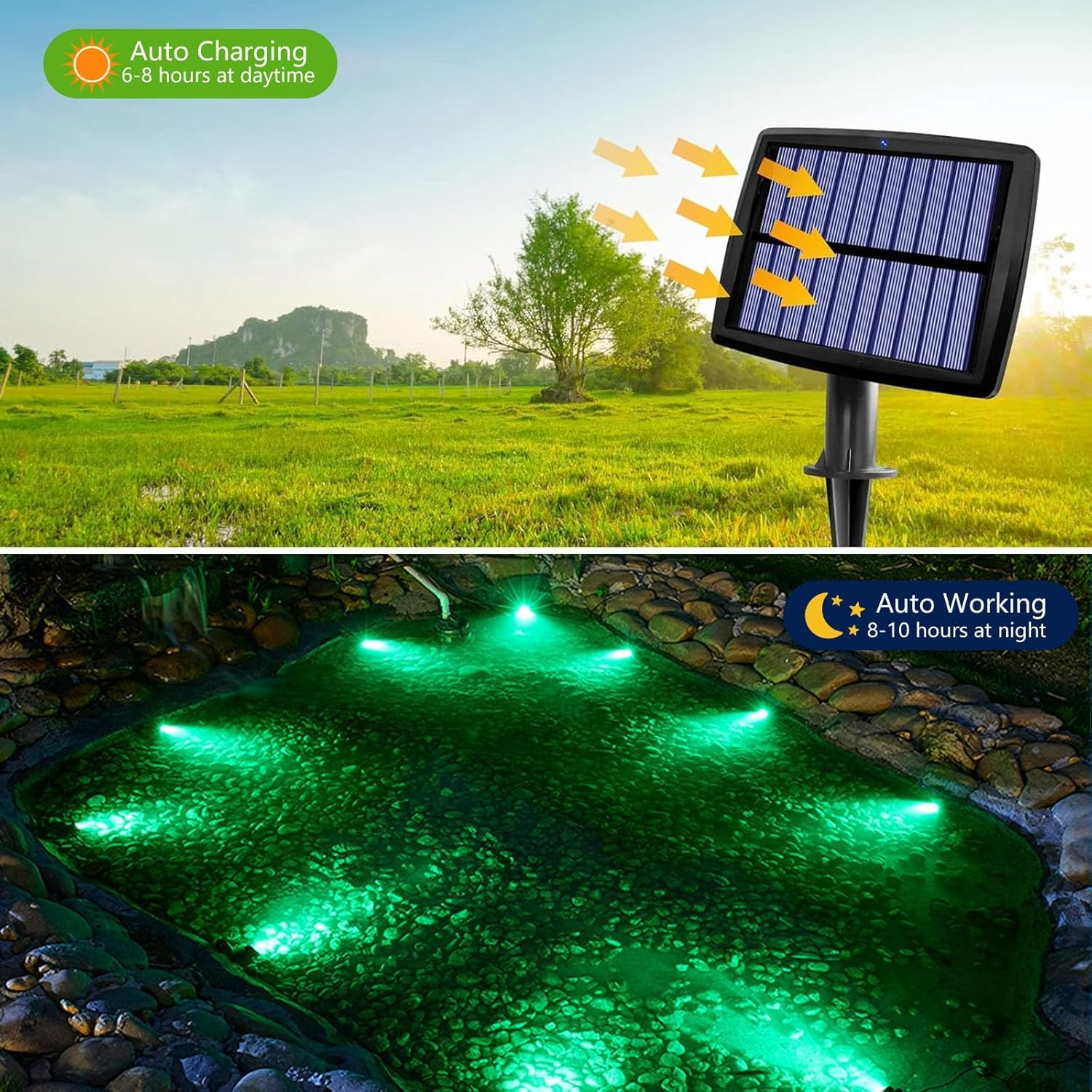 Solar Pond Lights, RGB Color Changing LED Underwater Lights with 2 Modes, Solar Submersible Fountain Lights IP68 Waterproof, Landscape Spotlights for Ganden Pond Waterfall Fountain Pool (2 in 1) - 3 In 1 image number 6