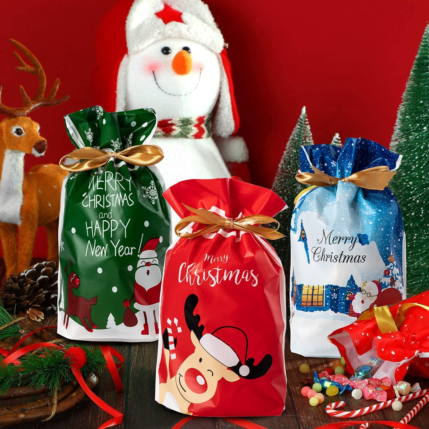 Christmas Candy Treat Bags, Fyvadio 48 Pcs Goodies Plastic Drawstring Gift Bags, Christmas Bag, Pouch Candy Bag, Treat Bag, Goody Bags for Candy Wrapper Birthday Christmas Party Favor Supplies image number 2