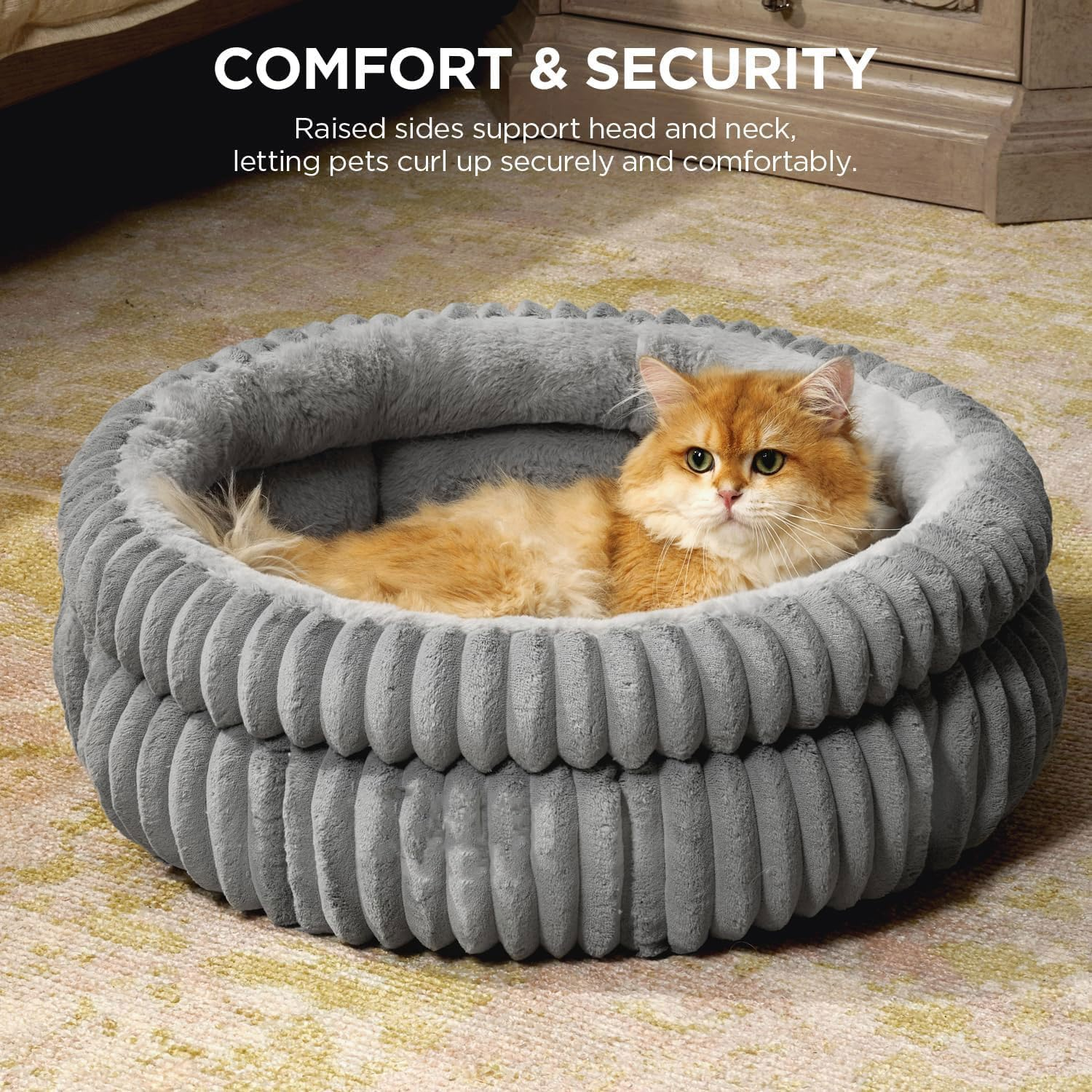 Cat Bed Kitten Bed, Washable round Cat Beds for Indoor Cats, Super Soft Plush Faux Fur Pet Bed for Puppy and Kitten with Anti-Slip Bottom (Grey, 60 X 60 X 20 Cm) image number 3