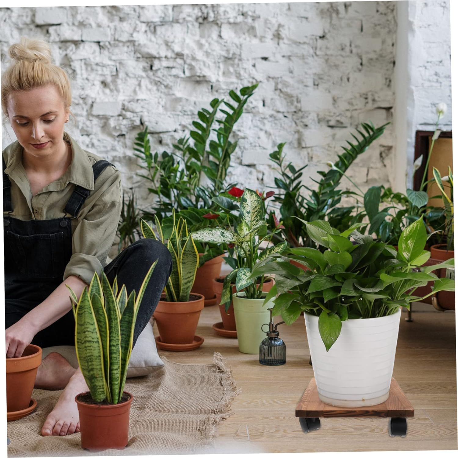 Movable Flowerpot Tray Wooden Plant Pot Tray Wheels for Indoor Plant Pot Stand Hollow Design for Flower image number 2