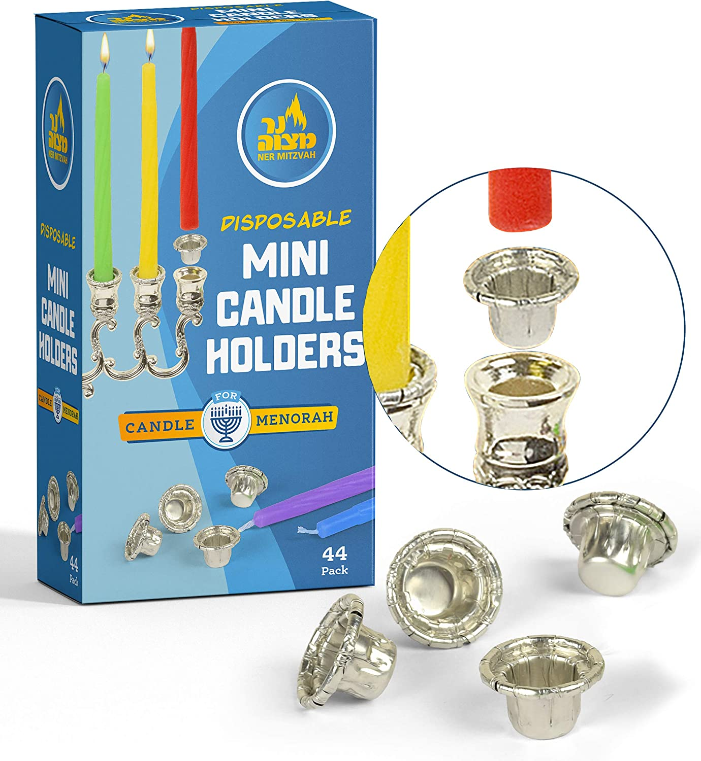 Ner Mitzvah Hanukkah Mini Candle Holders - Disposable Liner Inserts for Candle Menorah - Drip Guard Foil Cups - 44 Count - Mini image number 3