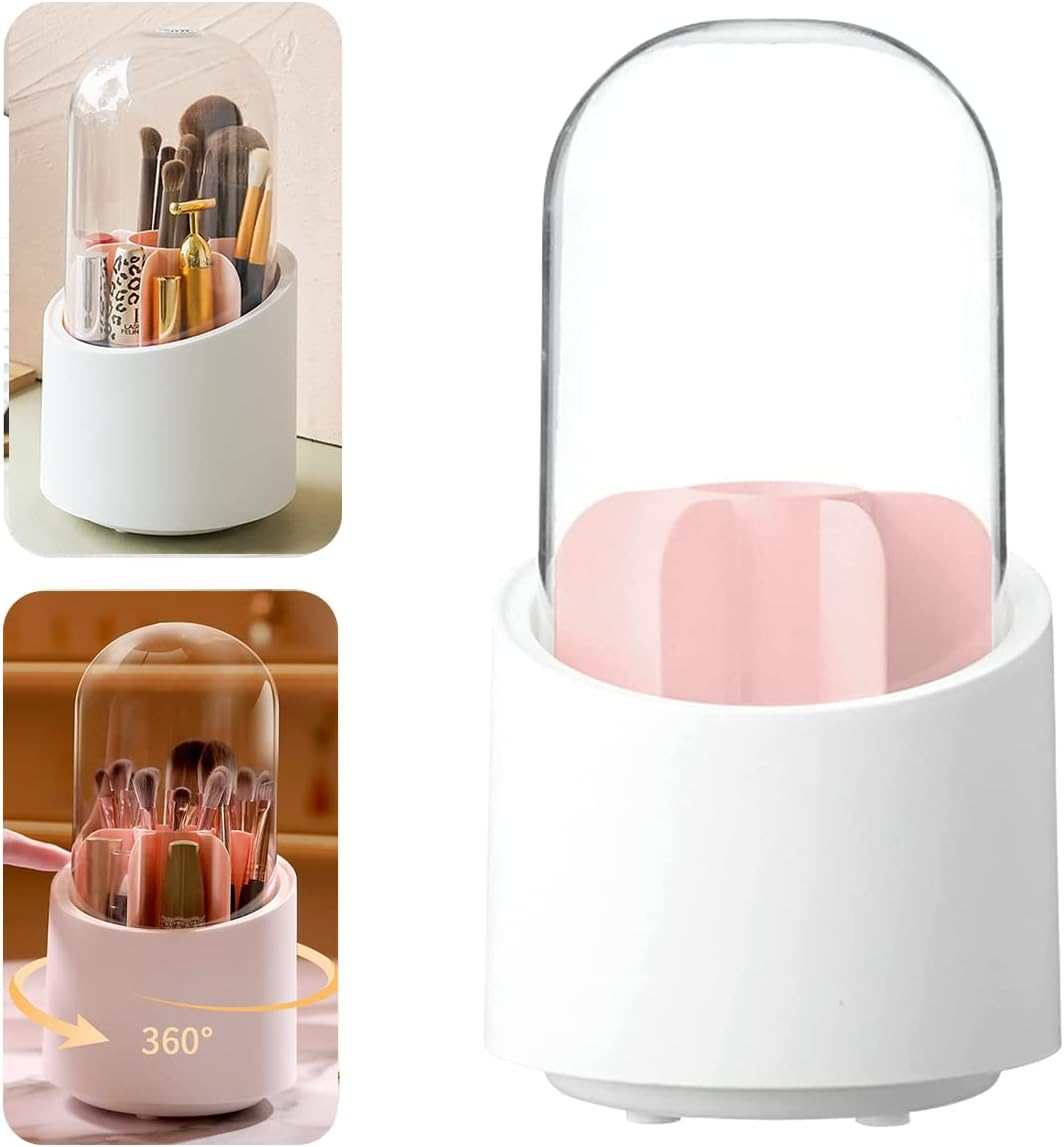 Makeup Brush Holder,360&deg; Rotating Cosmetic Organiser, Make up Storage Cosmetic Box with Dustproof Lid, for Dresser, Bedroom, Bathroom,Cosmetic Display Cases(Pearl Girl Pink) image number 6