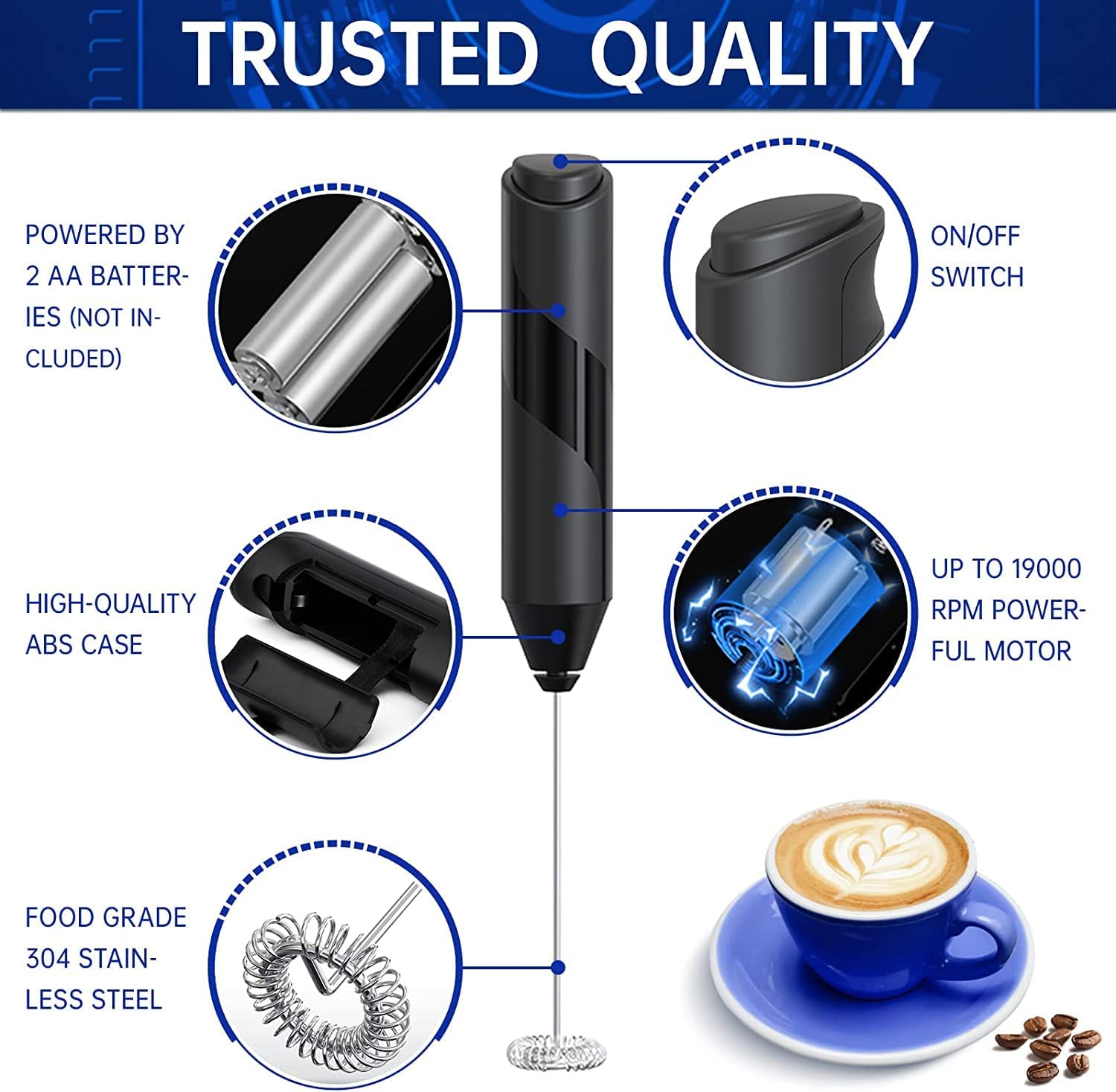 ETHEL Electric Milk Frother Handheld with Stand, Battery Powered Foam Maker, Whisk Drink Mixer Mini Blender for Coffee, Frappe, Latte, Matcha, Hot Chocolate (Black)