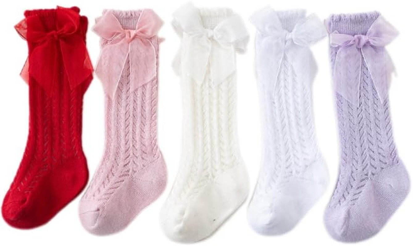 Baby Girls Knee with Bows Baby Girls Knee High Socks the Hollow Out Anti-Skid Knitting Sock image number 1