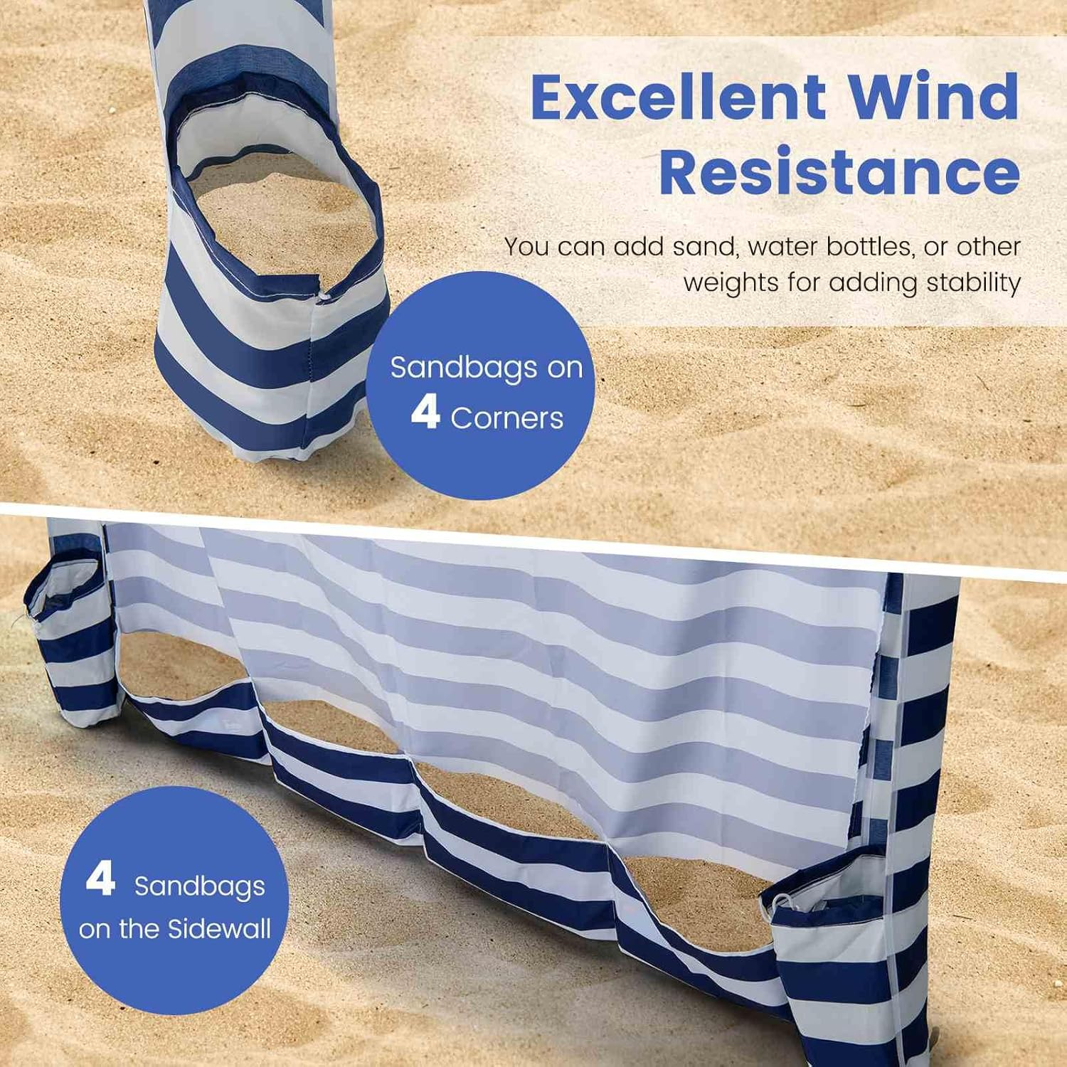 Costway 1.8 X 1.8M Foldable Beach Cabana Tent, Portable Beach Canopy with Carrying Bag, Detachable Sidewall, 8 Sandbags, Sun-Protection Outdoor Shade Instant Sun Shelter for Beach Patio Camping Picnic image number 3